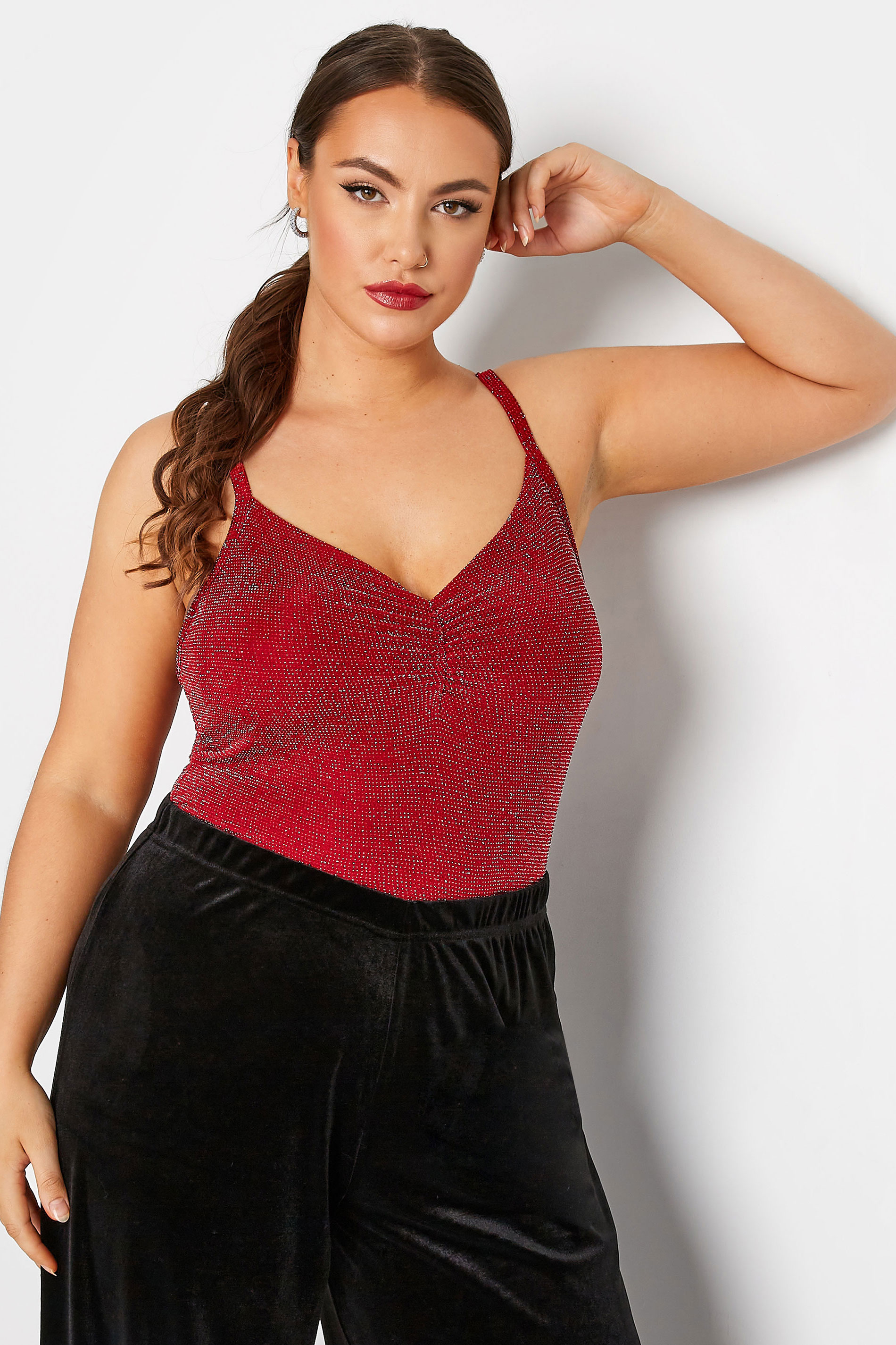 LIMITED COLLECTION Curve Burgundy Red Glitter Ruched Bodysuit | Yours Clothing 1