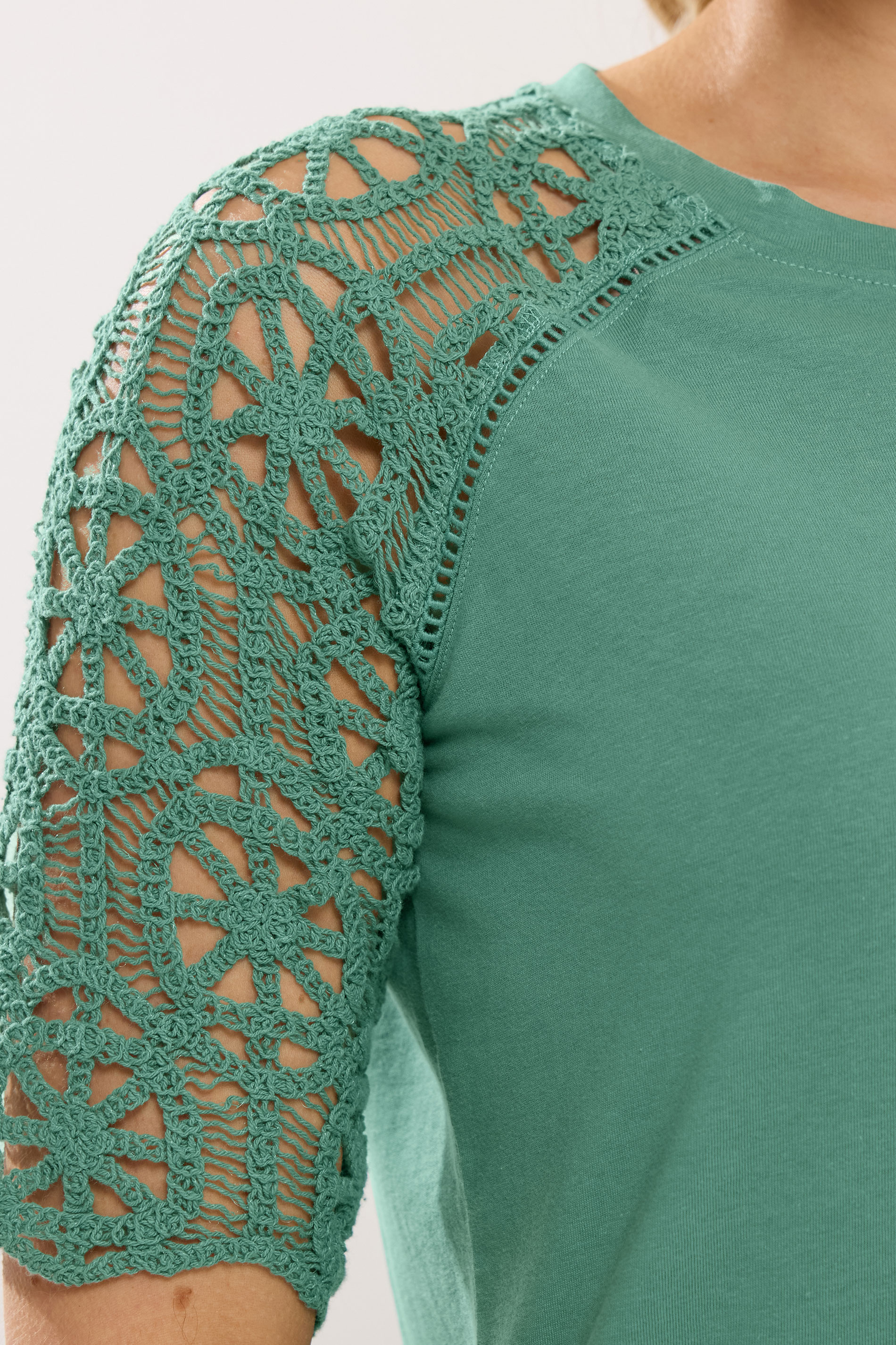 LTS Tall Women's Teal Green Crochet Raglan Cotton T-Shirt | Long Tall Sally 4