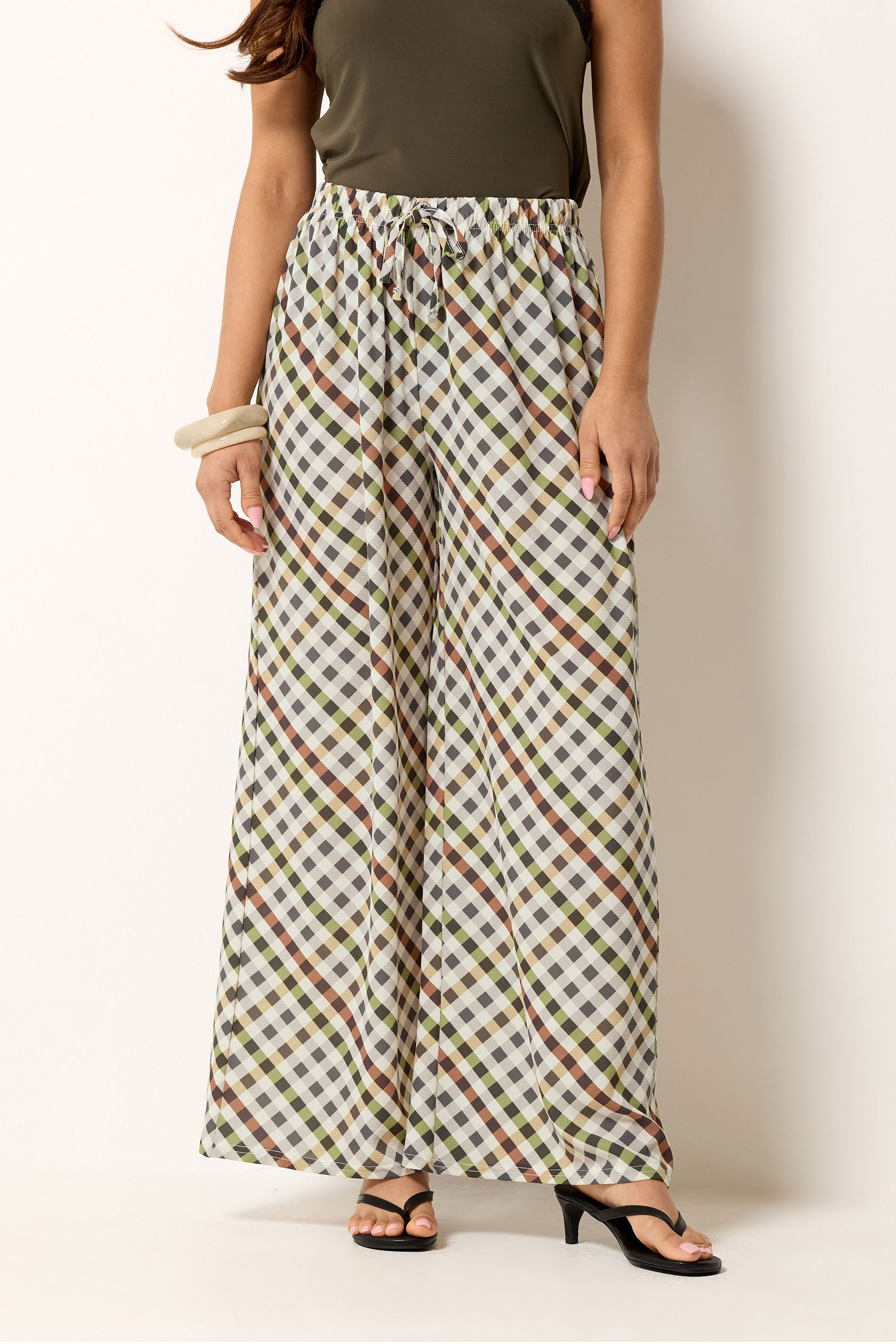 PixieGirl Petite Women's Natural Brown Gingham Wide Leg Trousers | PixieGirl 1