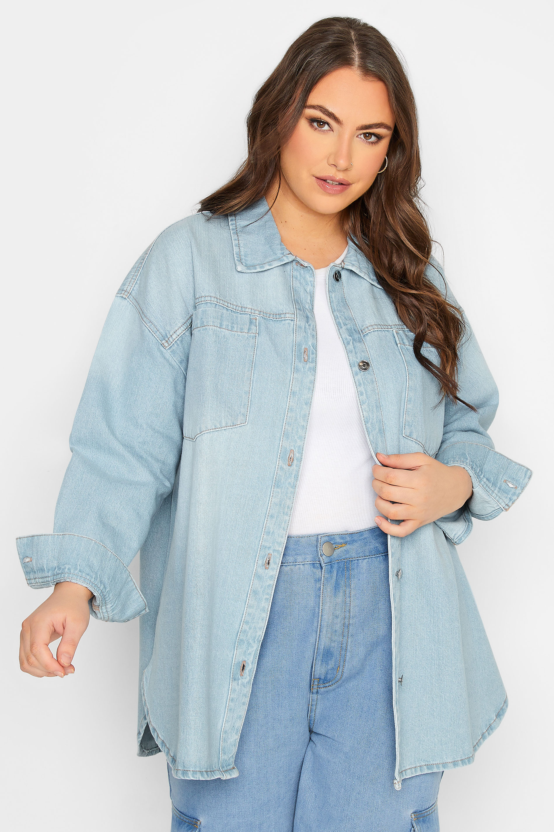 YOURS Plus Size Curve Light Blue Denim Western Style Shacket | Yours Clothing  1