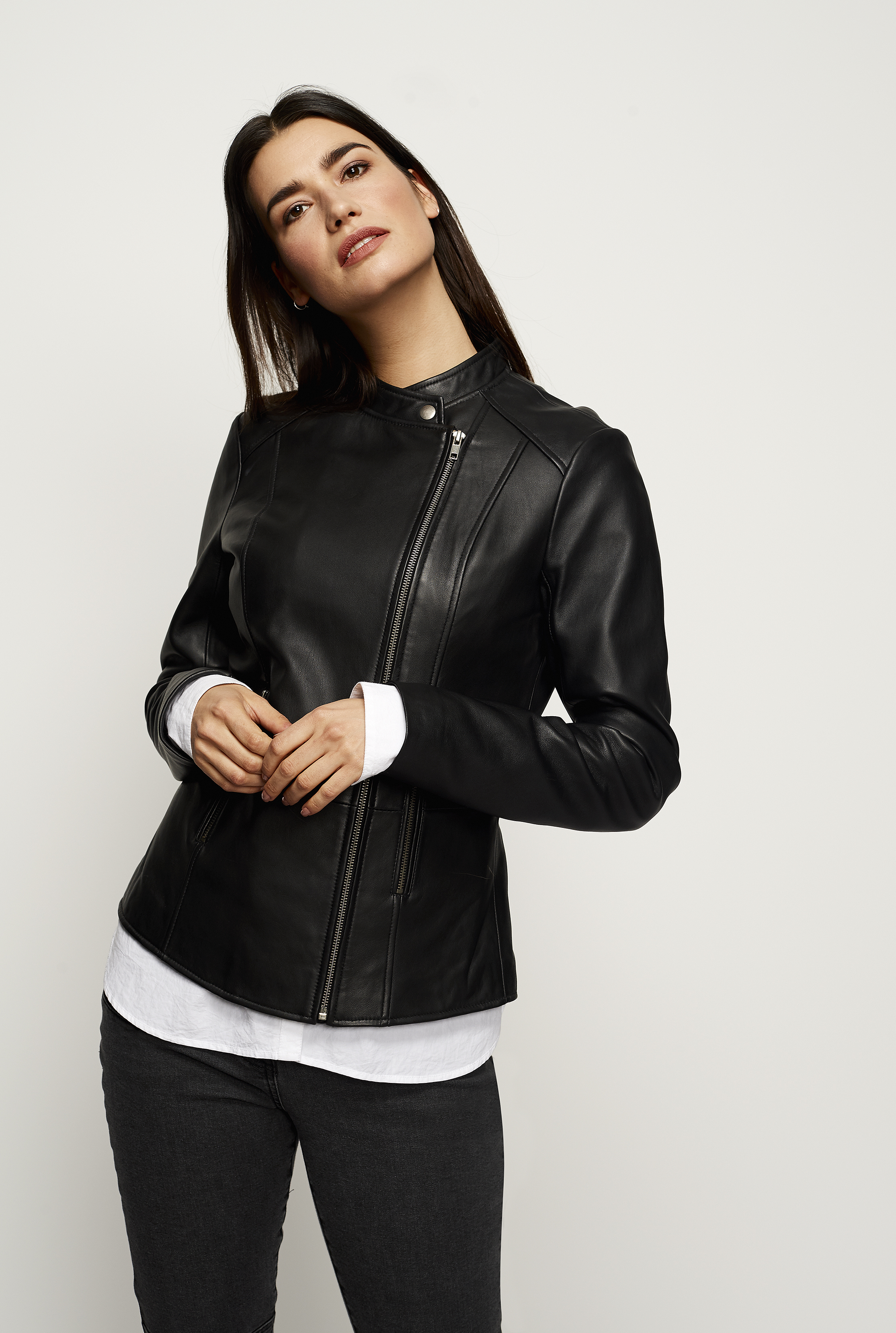 Black Collar Detail Leather Jacket | Long Tall Sally