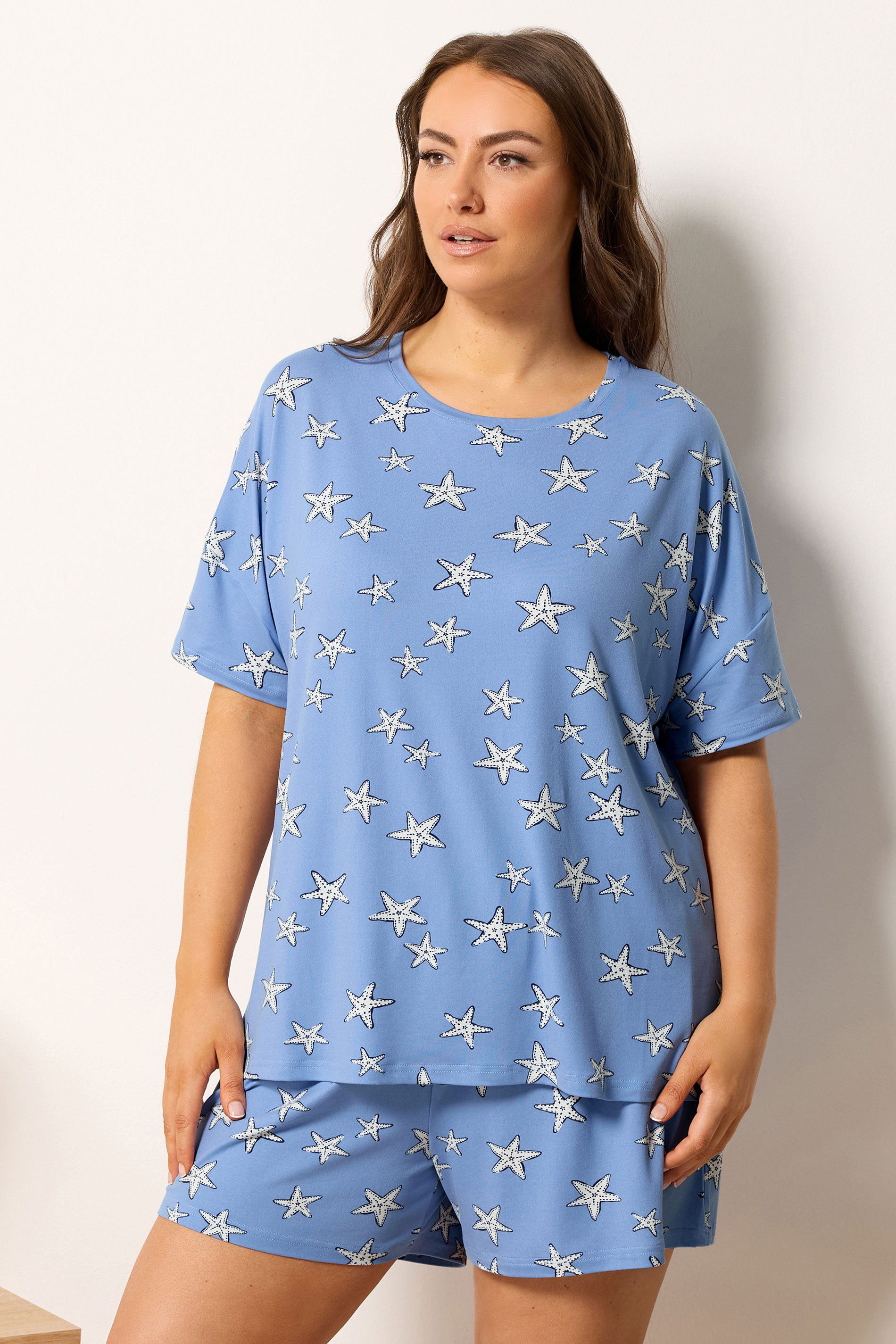 YOURS Plus Size Blue Starfish Soft Touch Pyjama Set | Yours Clothing 3