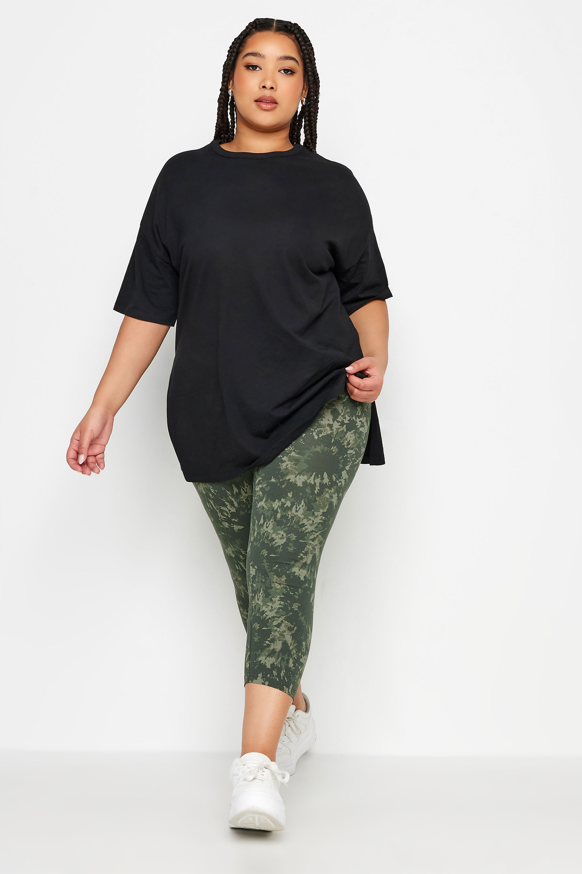YOURS Plus Size 2 PACK Black & Khaki Green Tie Dye Cropped Leggings | Yours Clothing 3