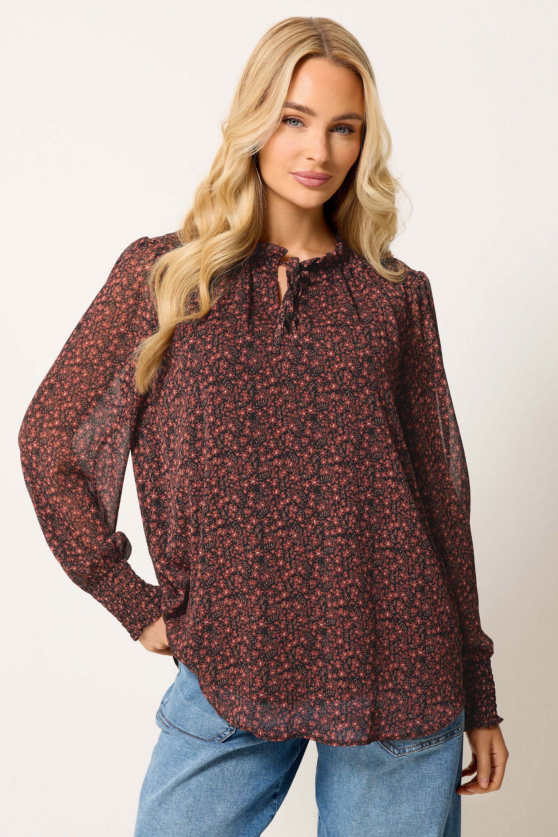 M&Co Black & Red Floral Tie Neck Blouse 3