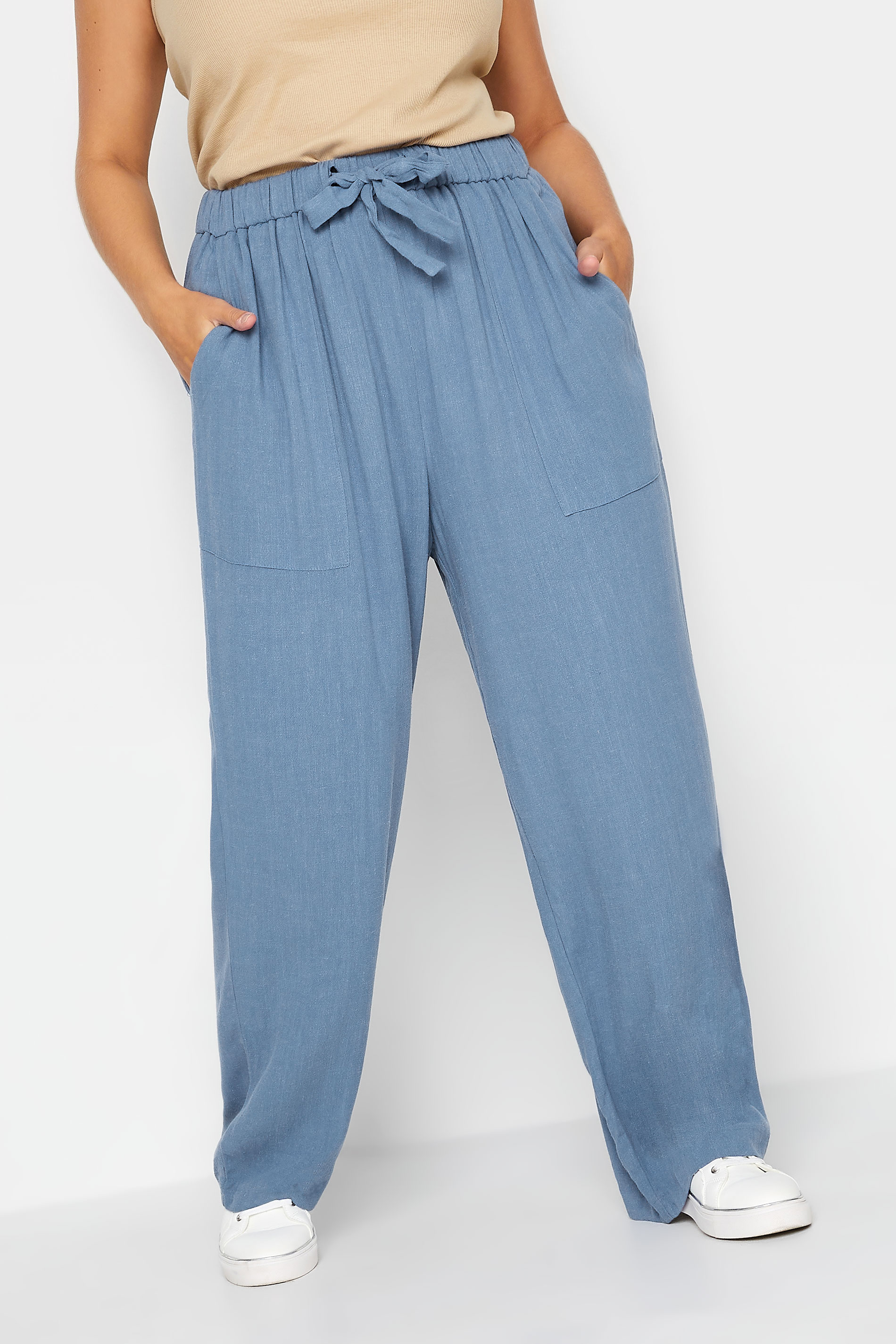 Plus Size Blue Linen Blend Wide Leg Trousers | Yours Clothing 1