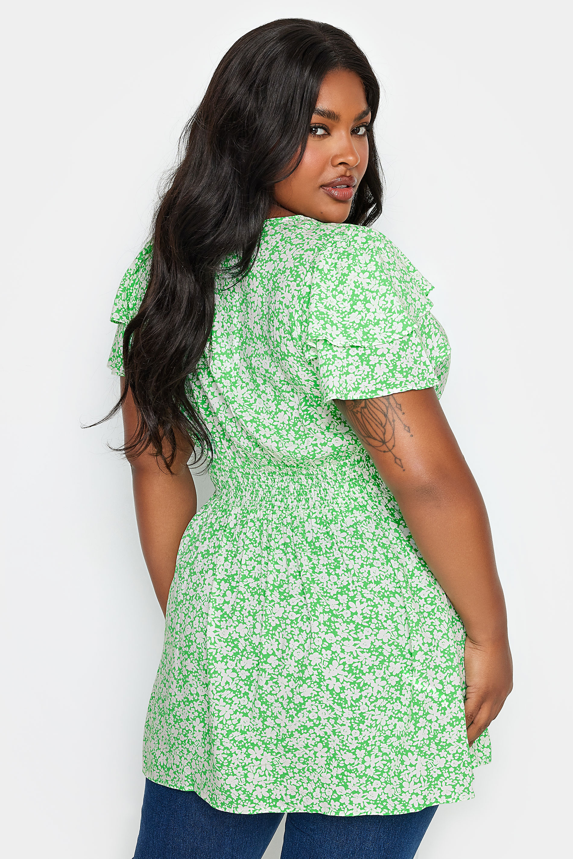 YOURS Plus Size Green Ditsy Print Flutter Sleeve Peplum Top | Yours Clothing 3