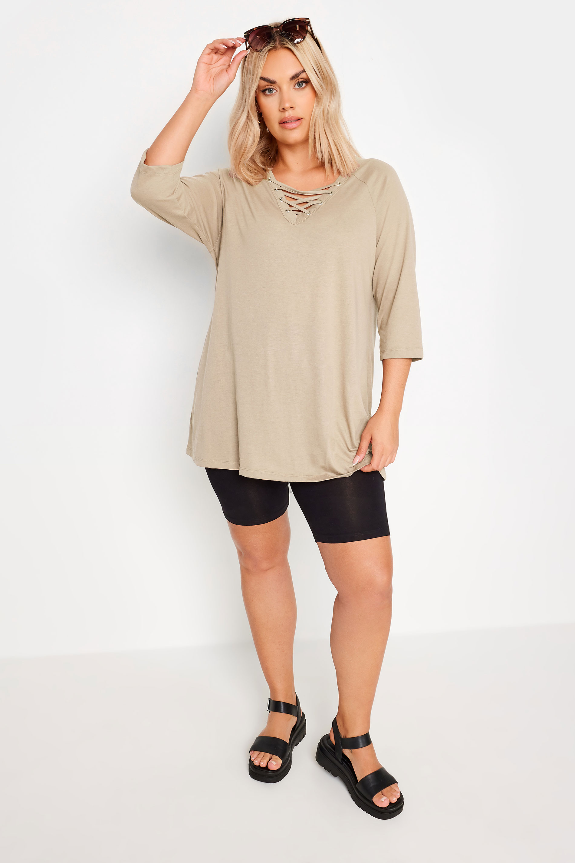 YOURS Plus Size Mocha Brown Lace Up Eyelet Top | Yours Clothing 2