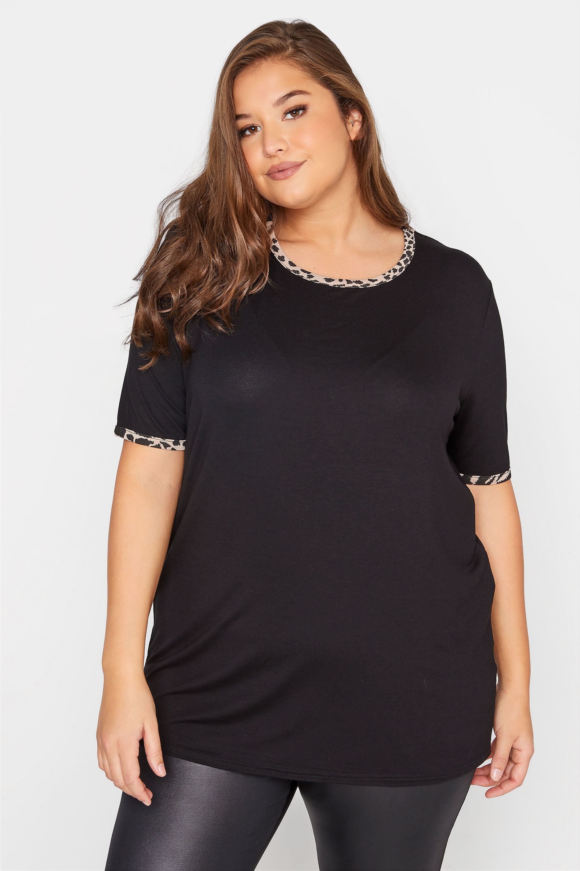 Grande taille  Tops Grande taille  Tops Jersey | LIMITED COLLECTION - T-Shirt Noir Bordure Léopard - XK20715