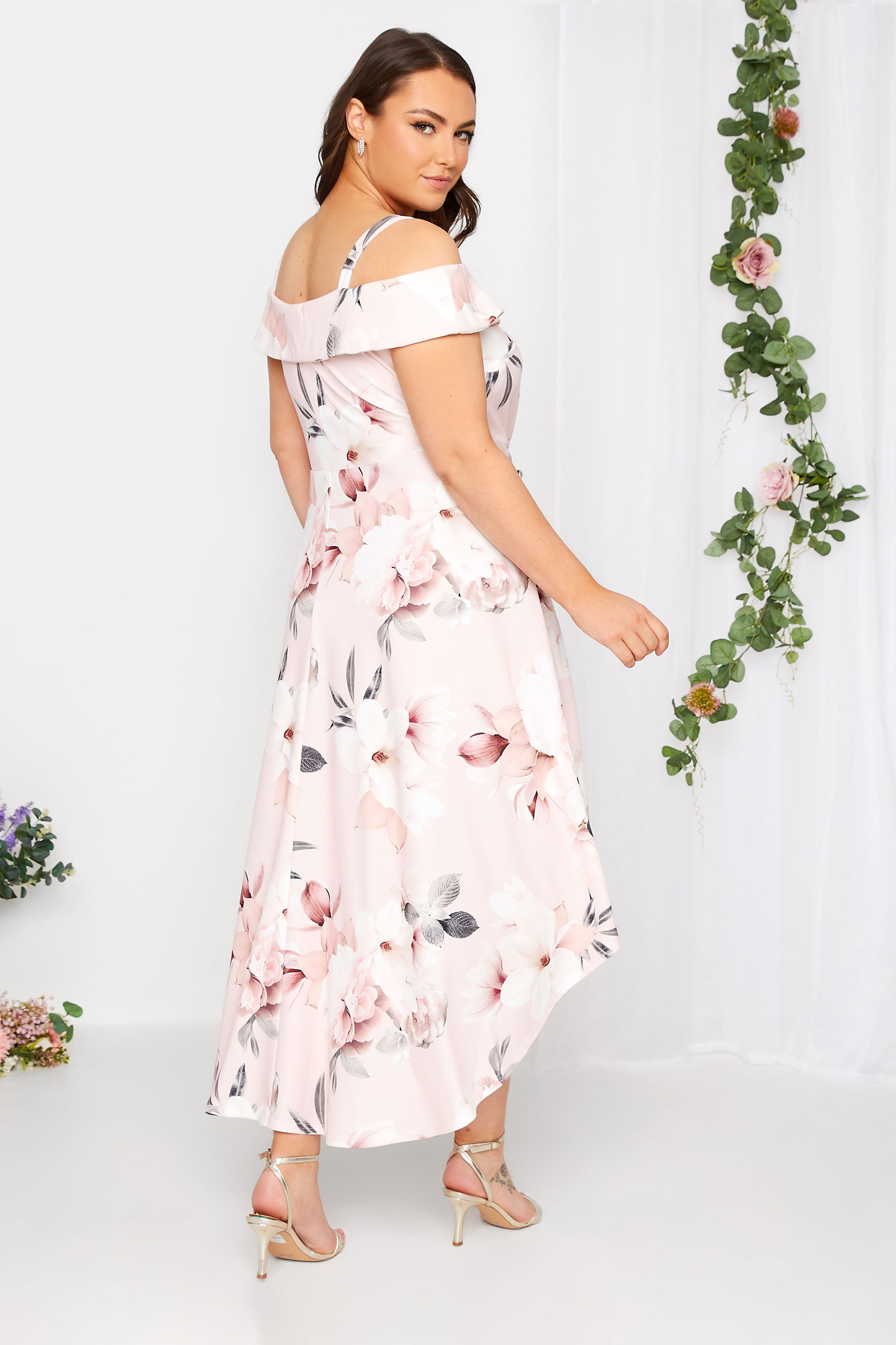 YOURS LONDON Plus Size Light Pink Floral Bardot High Low Midi Dress | Yours Clothing 3