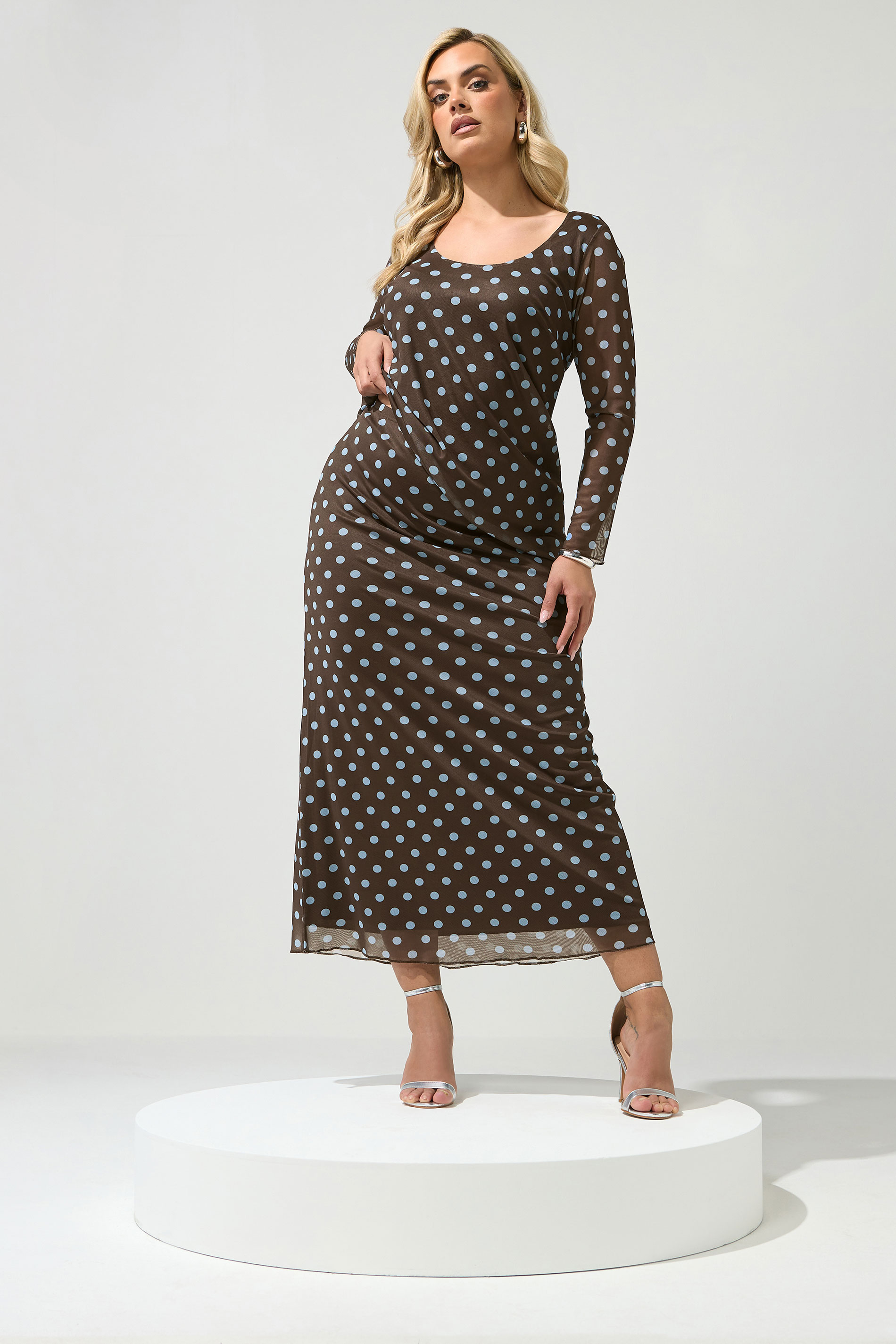 YOURS LONDON Plus Size Brown & Blue Polka Dot Maxi Skirt | Yours Clothing 2