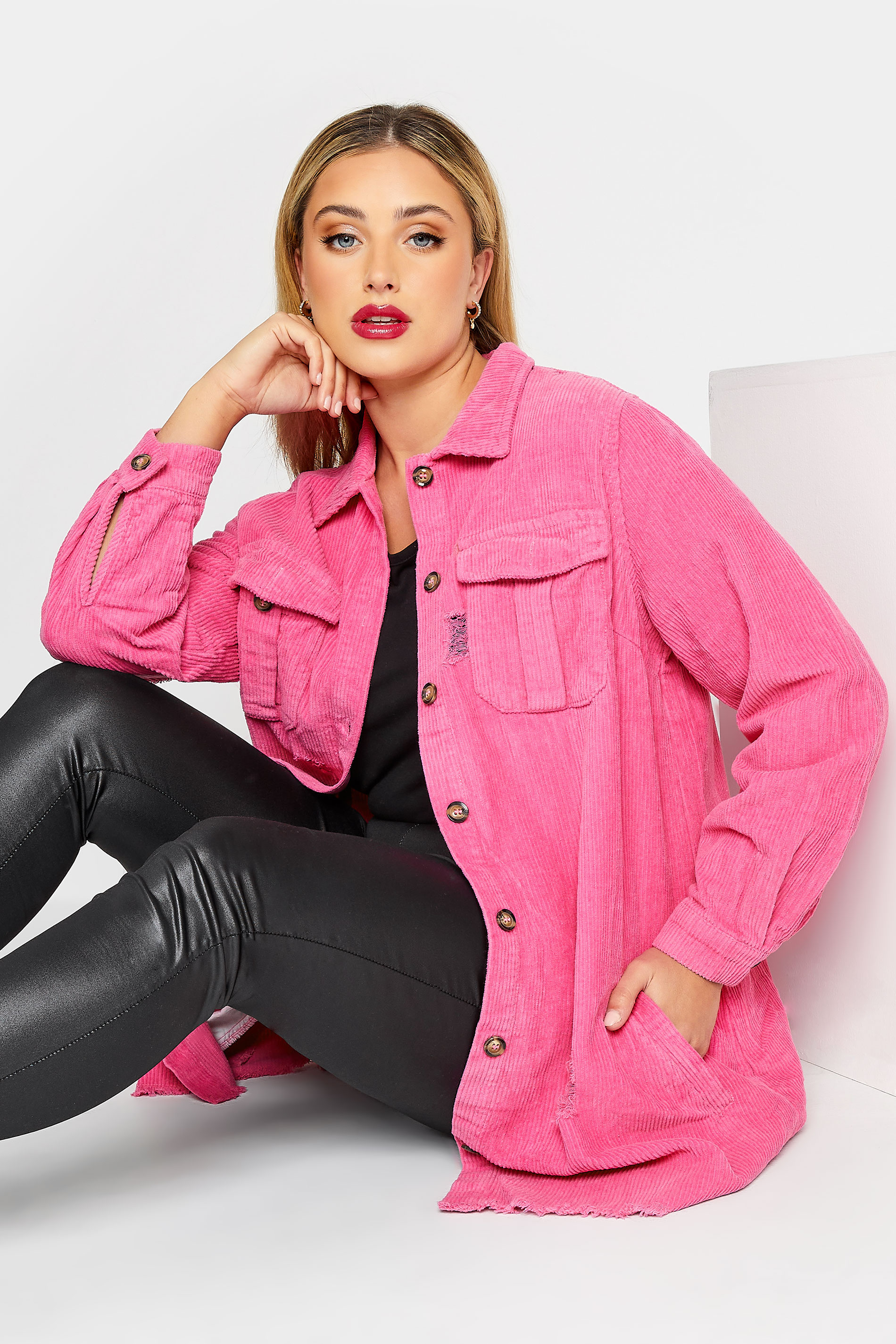 Limited Collection Plus Size Hot Pink Ripped Cord Shacket Yours Clothing 