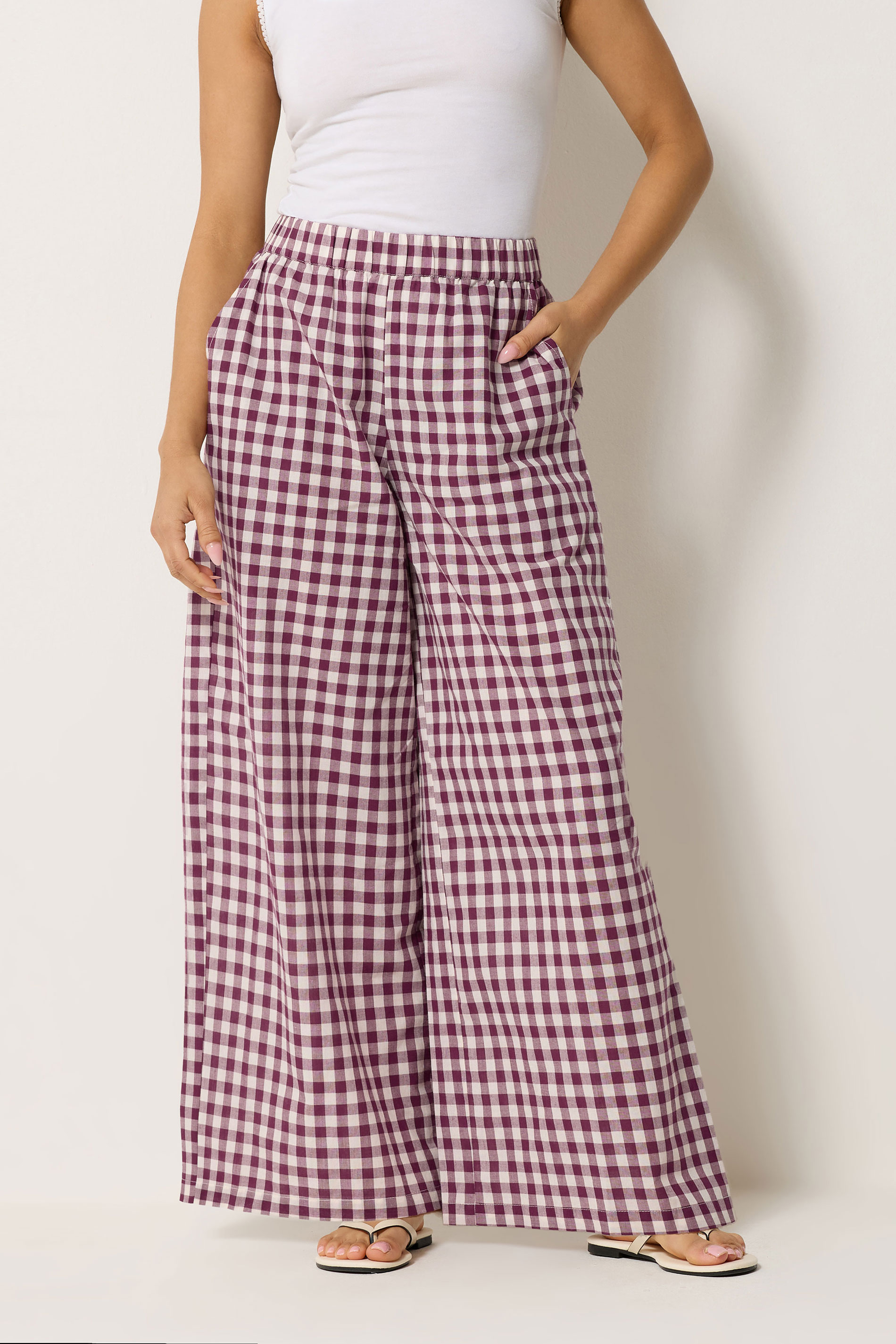 PixieGirl Petite Women's Burgundy Red Gingham Cotton Wide Leg Trousers | PixieGirl 1