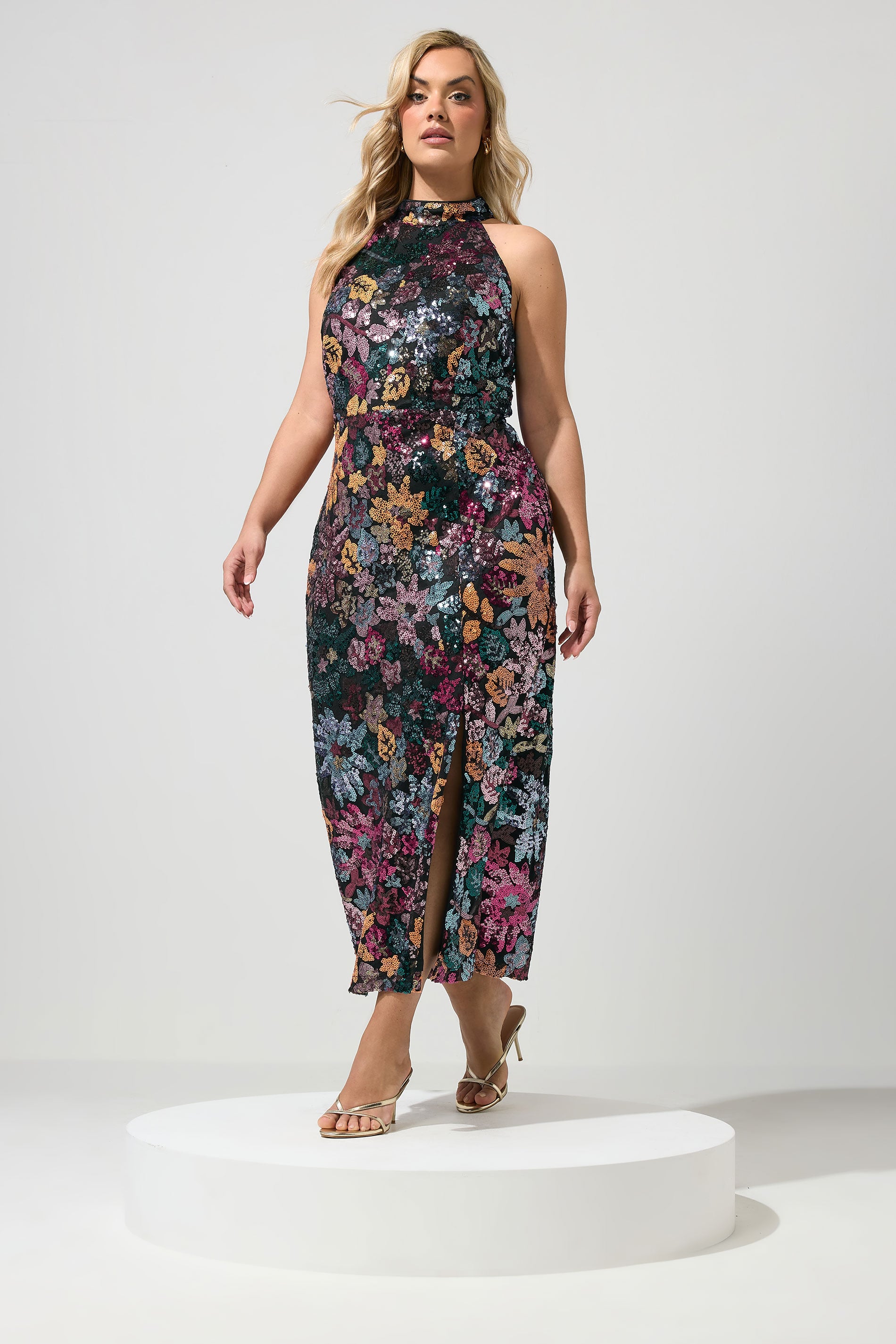 YOURS LONDON Plus Size Orange & Pink Floral Sequin Maxi Dress | Yours Clothing 1