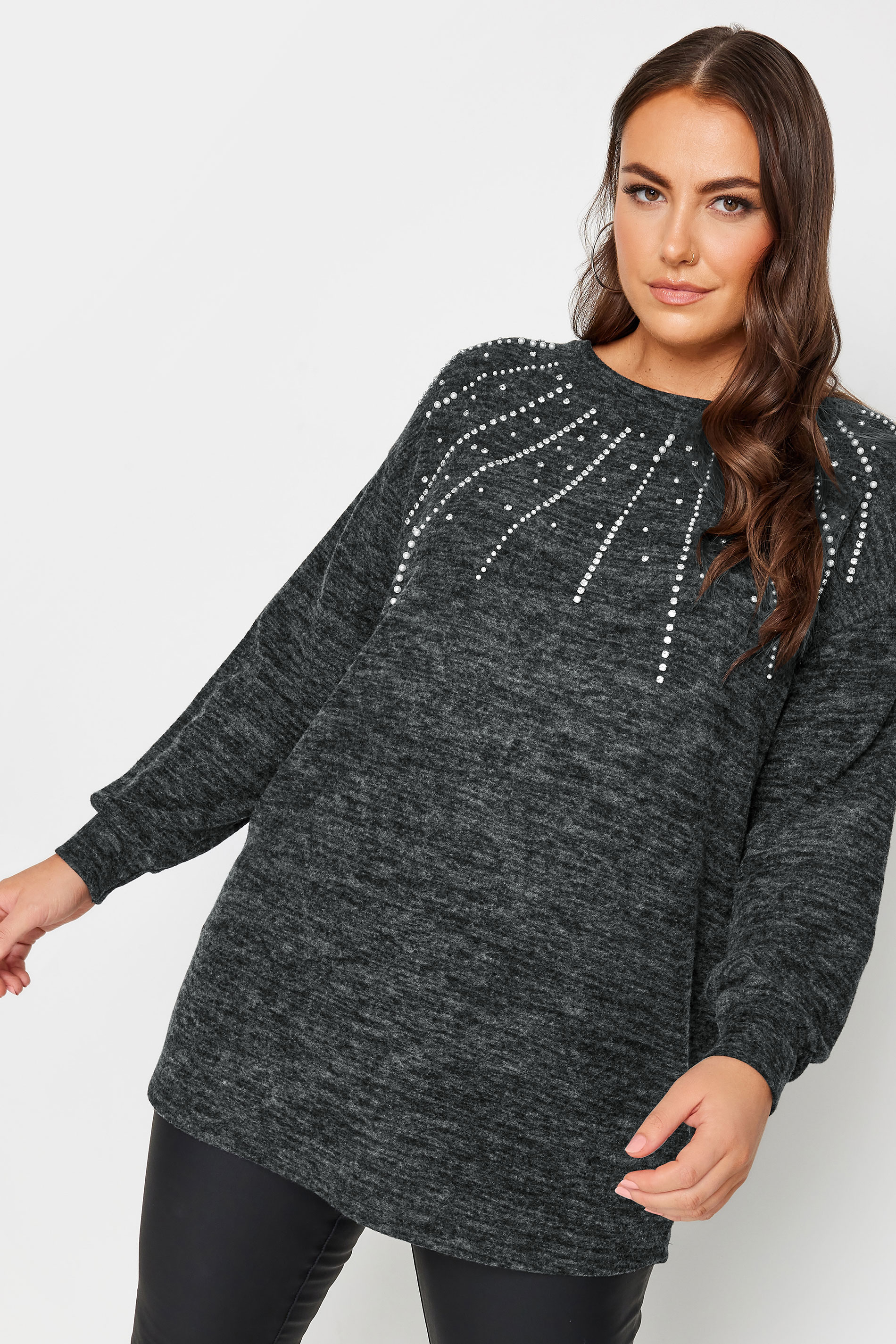 YOURS Plus Size Grey Pearl Embellished Jumper | Yours Clothing 1