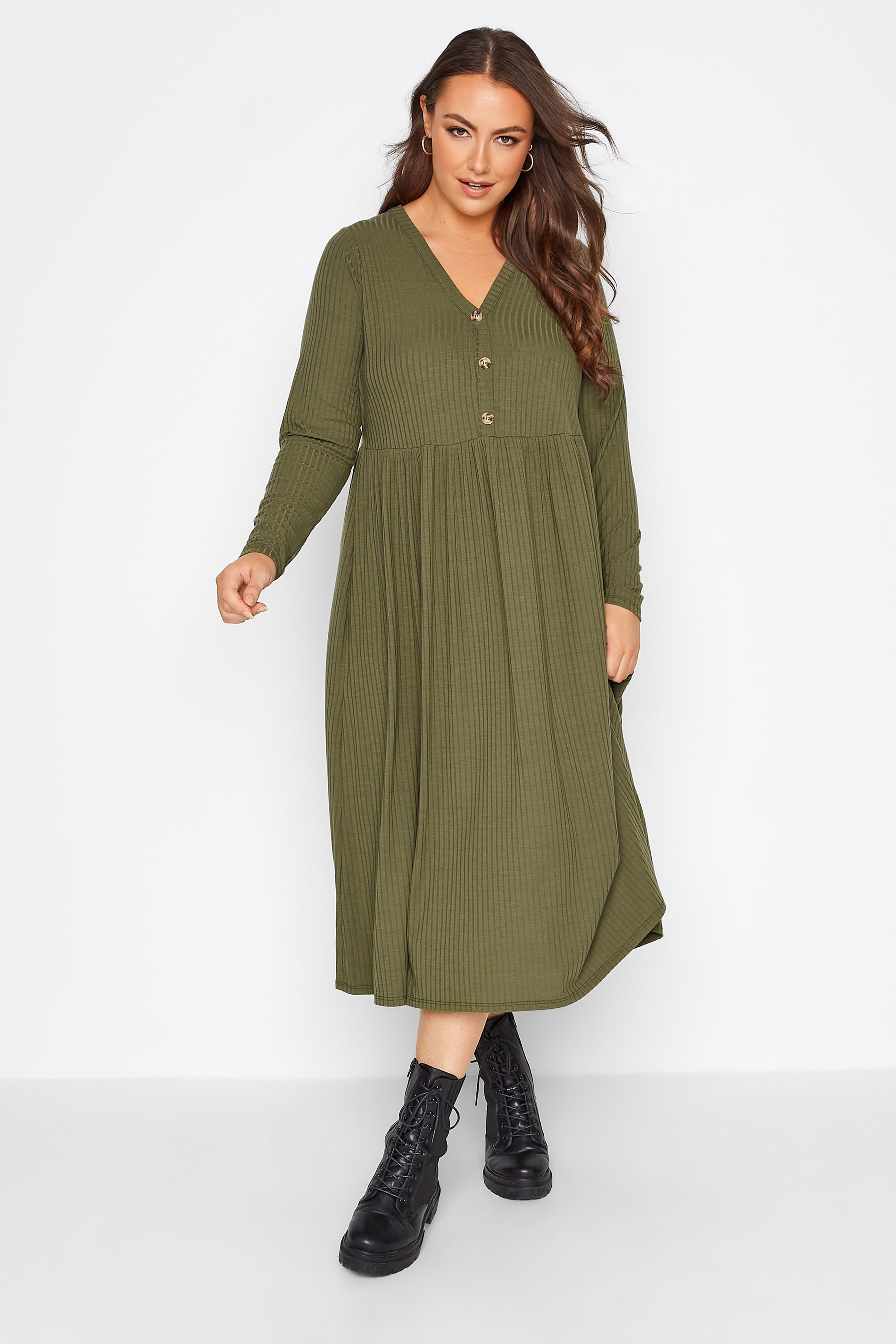 LIMITED COLLECTION Curve Khaki Green Ribbed Midaxi Dress 1