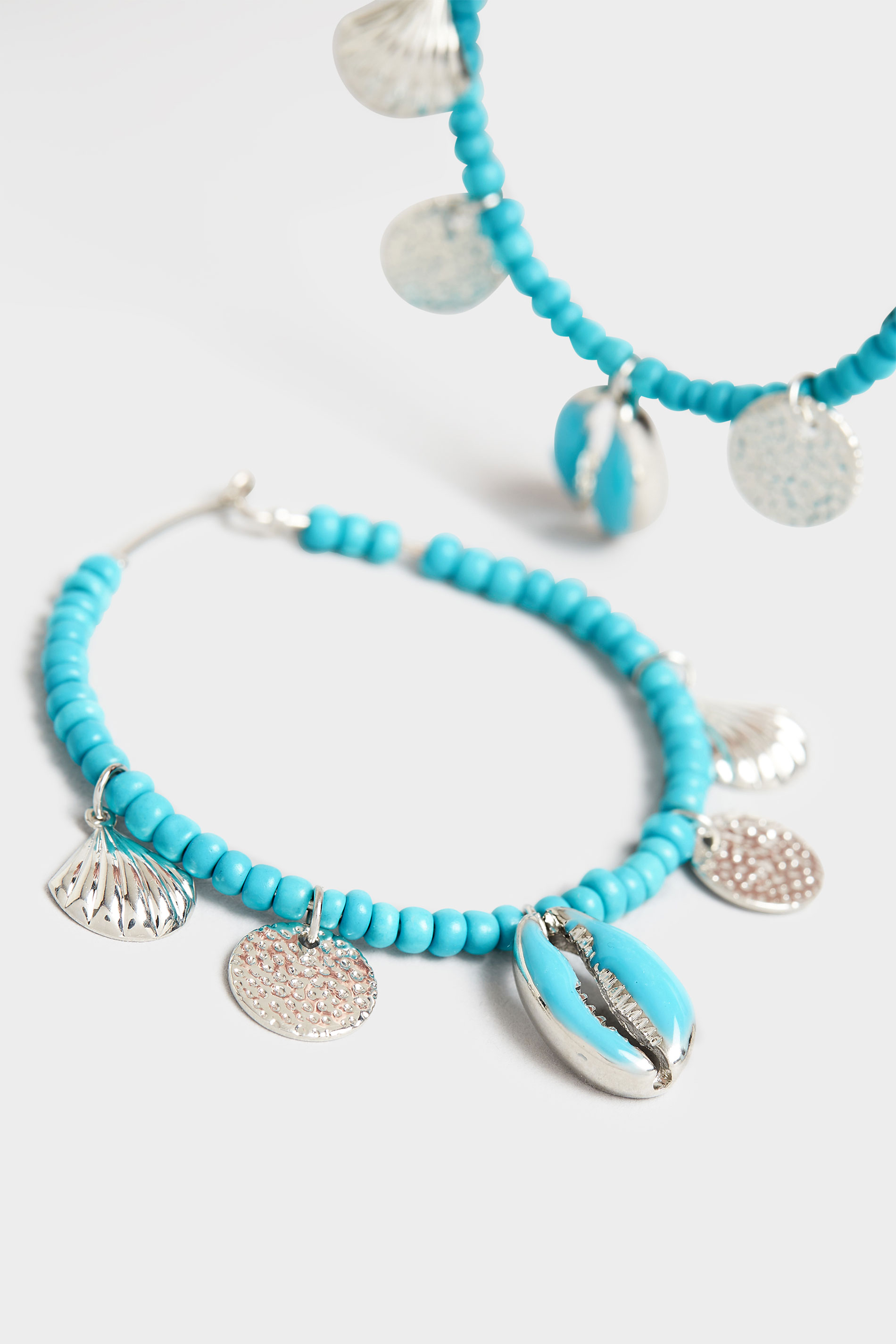 Turquoise Bead Silver Shell Charm Hoop Earrings | Yours Clothing 3