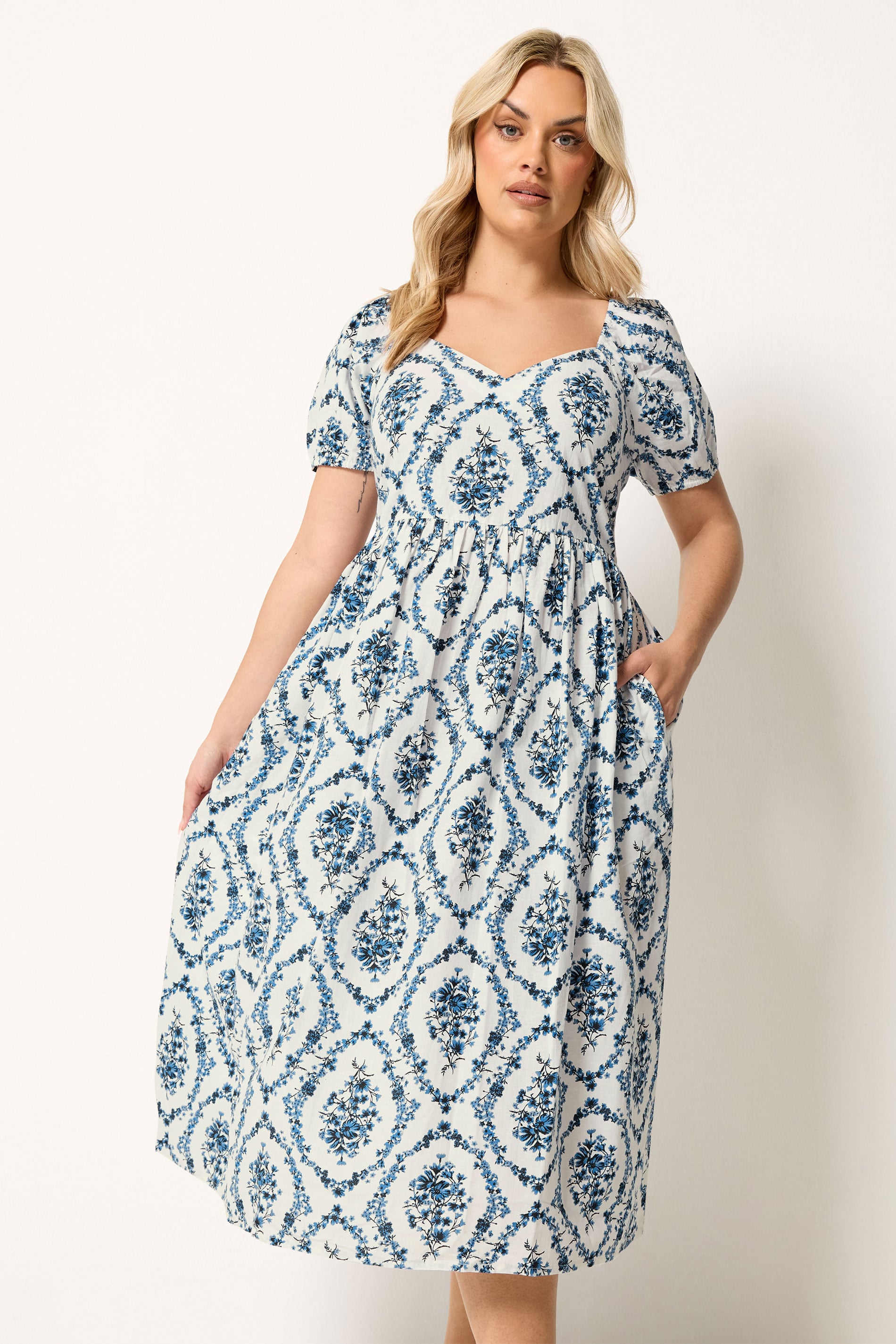 YOURS Plus Size White & Blue Floral Linen Midaxi Dress | Yours Clothing