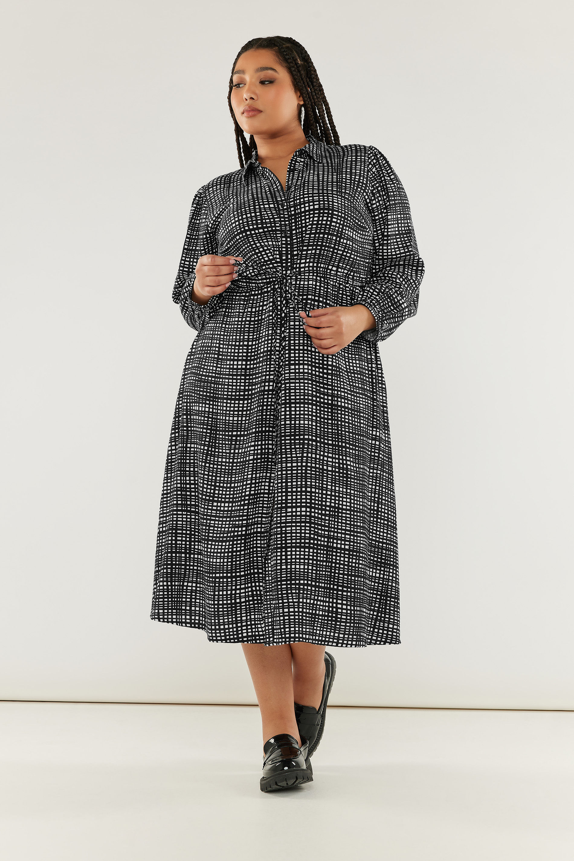 YOURS Plus Size Black & White Grid Check Print Midaxi Shirt Dress | Yours Clothing 1