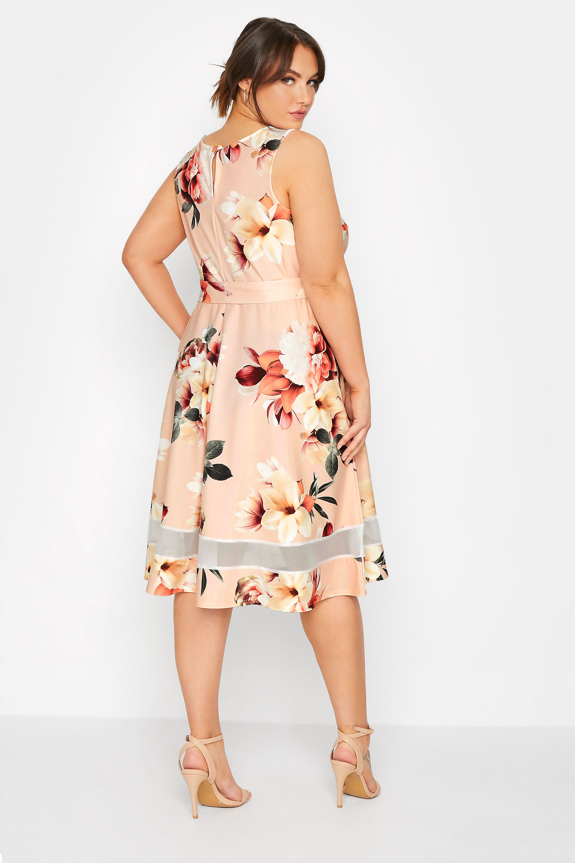 YOURS LONDON Plus Size Pink Floral Mesh Panel Skater Dress | Yours Clothing 3