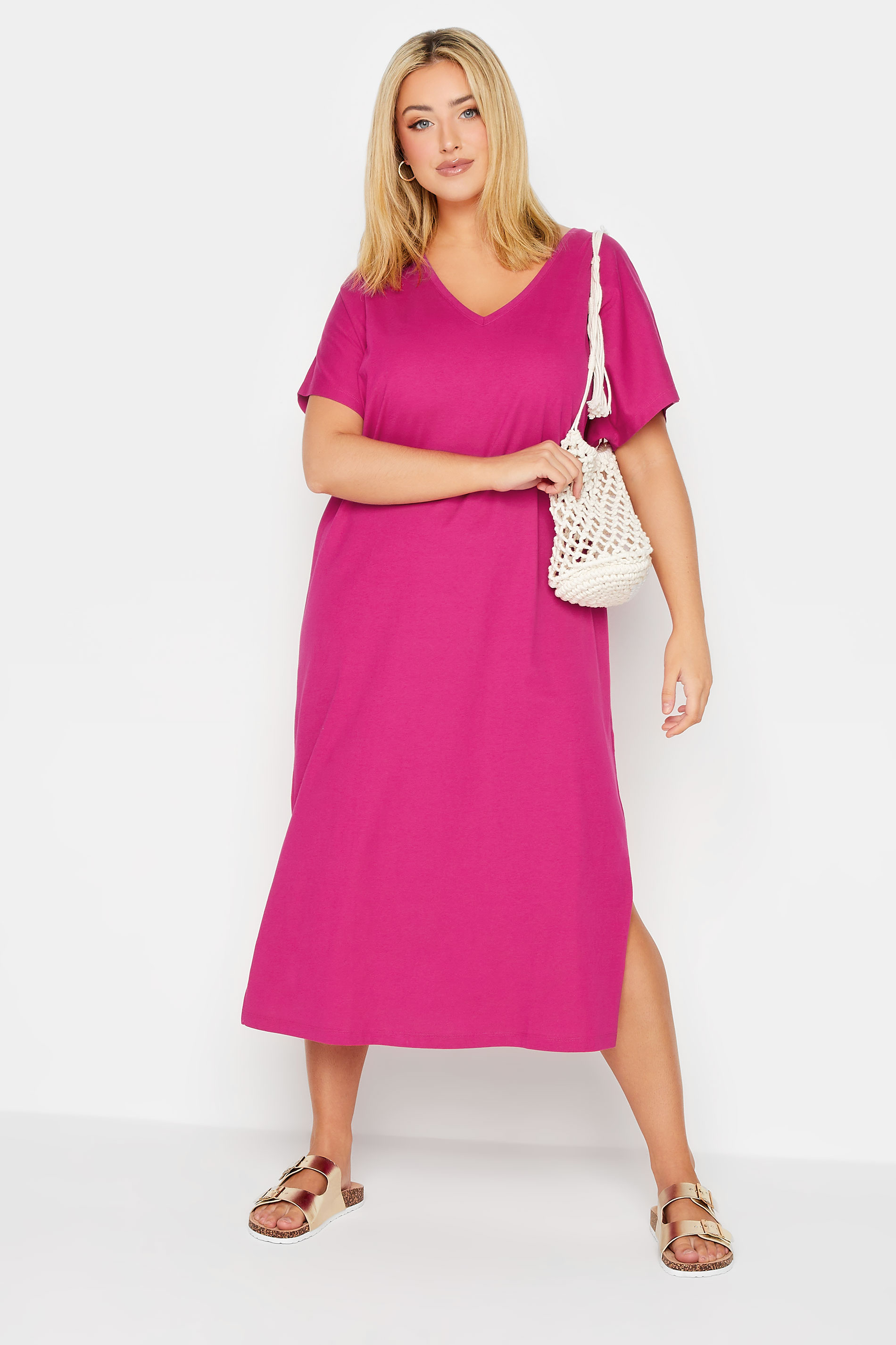 YOURS Plus Size Pink Side Split Midaxi T-Shirt Dress | Yours Clothing 2