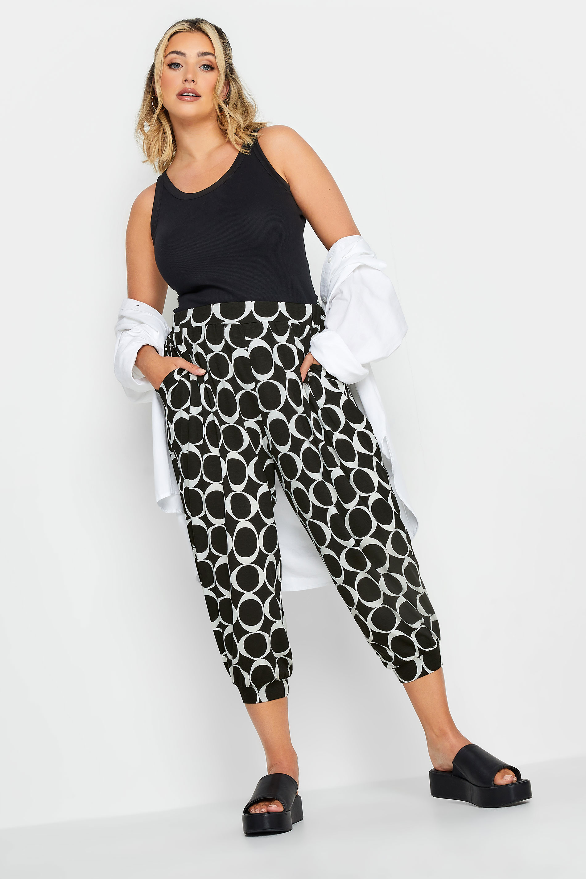 YOURS Plus Size Black Geometric Print Cropped Harem Trousers | Yours Clothing 2
