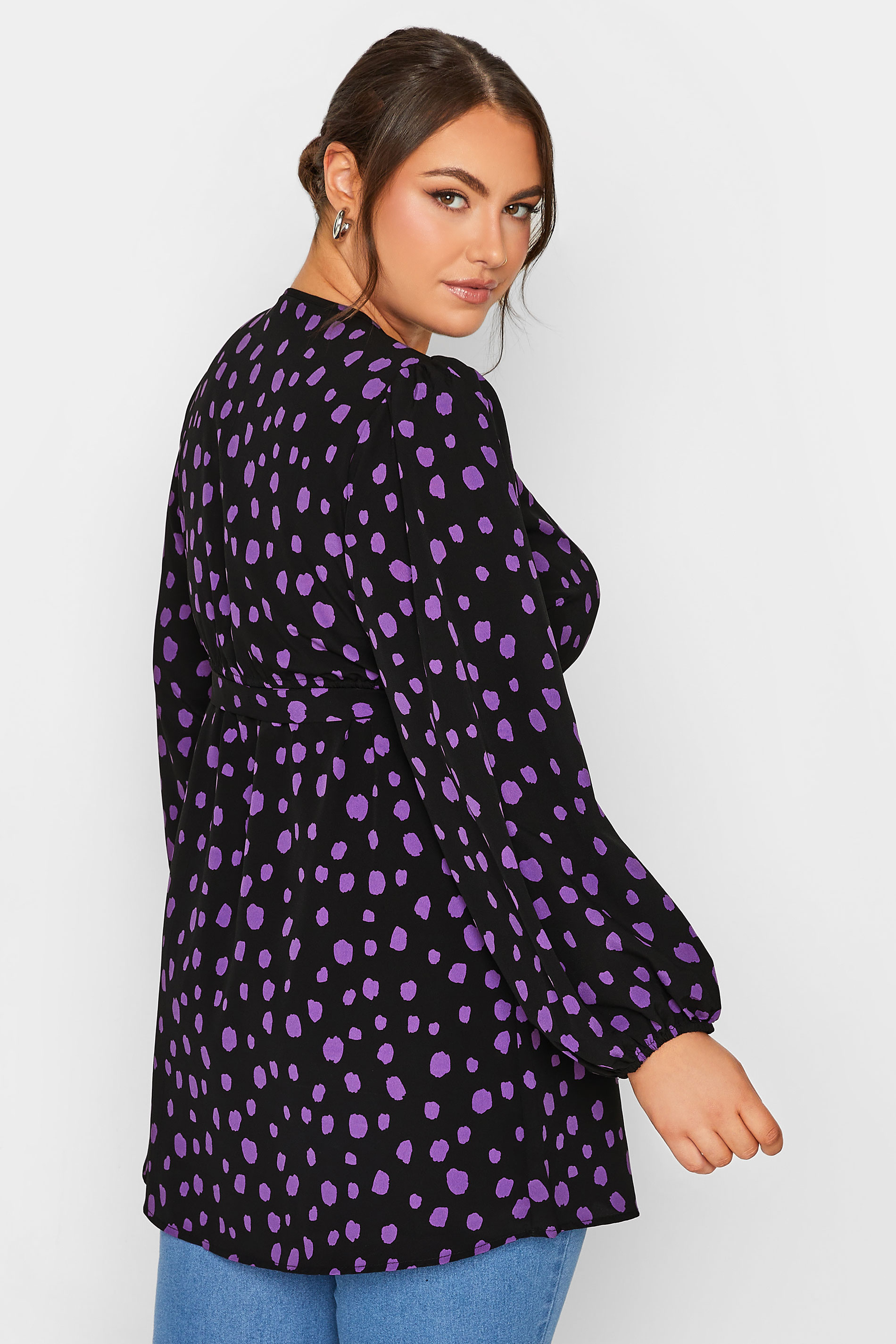 Plus Size Black & Purple Dalmatian Print Balloon Sleeve Wrap Top | Yours Clothing 3