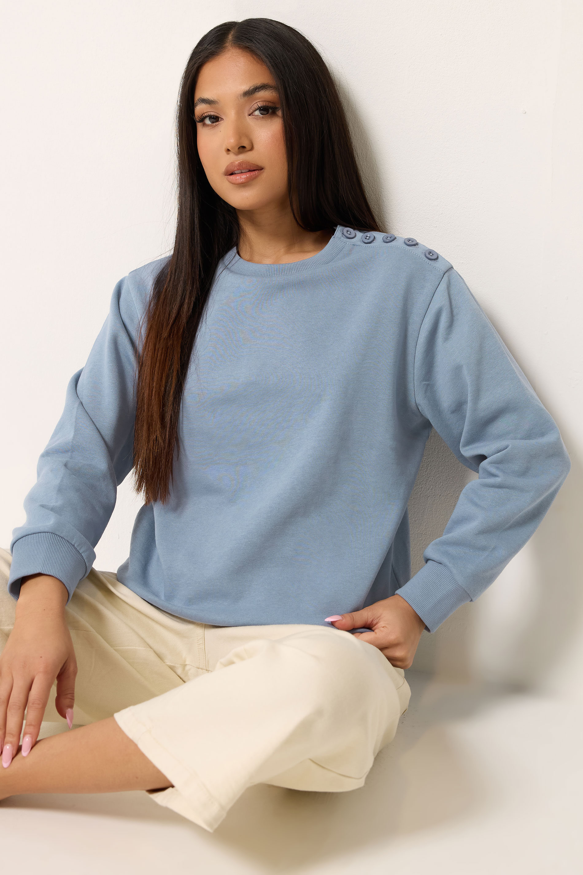 M&Co Petite Light Blue Button Detail Sweatshirt | M&Co 3