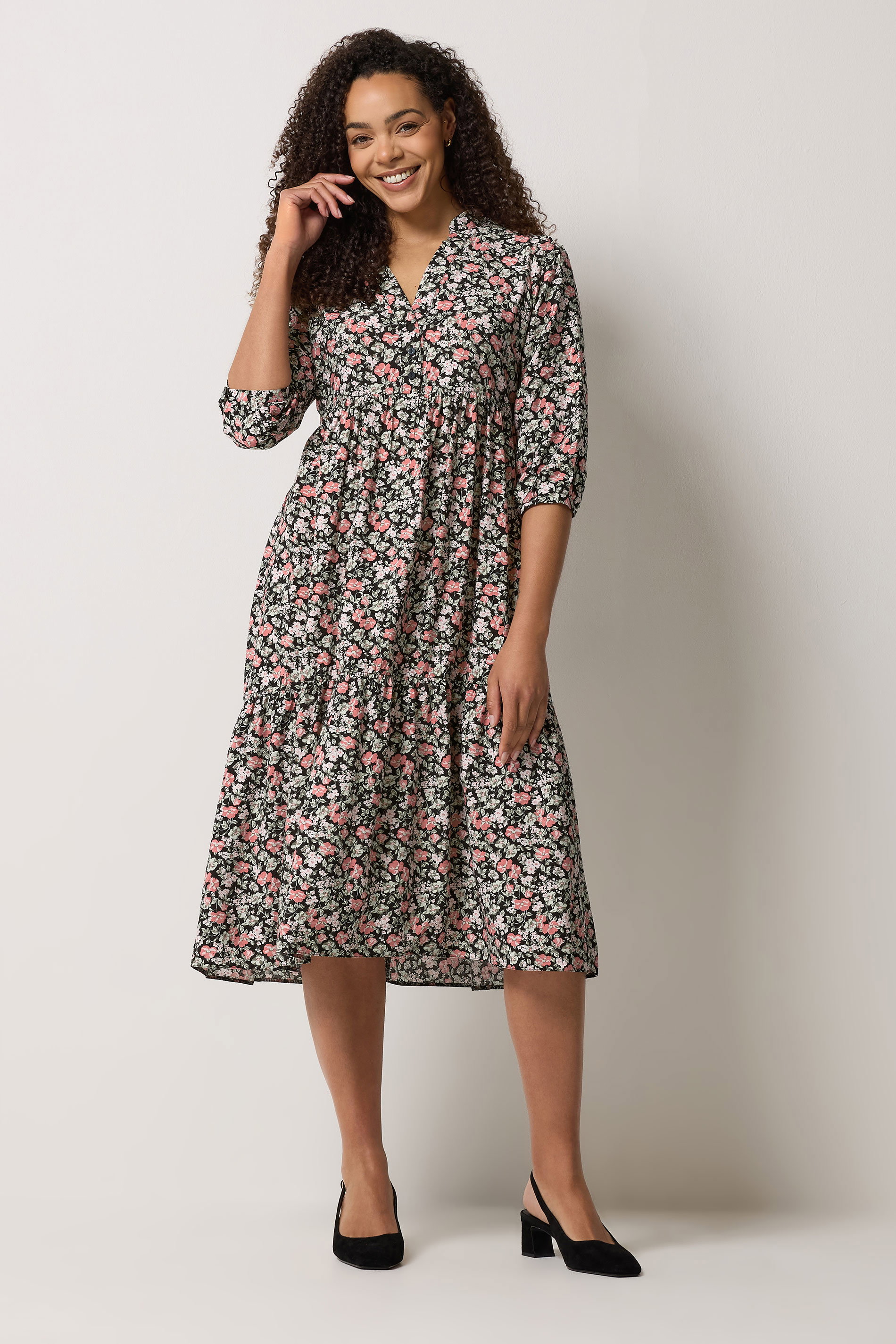 M&Co Black & Pink Floral Tiered Midi Dress | M&Co 3