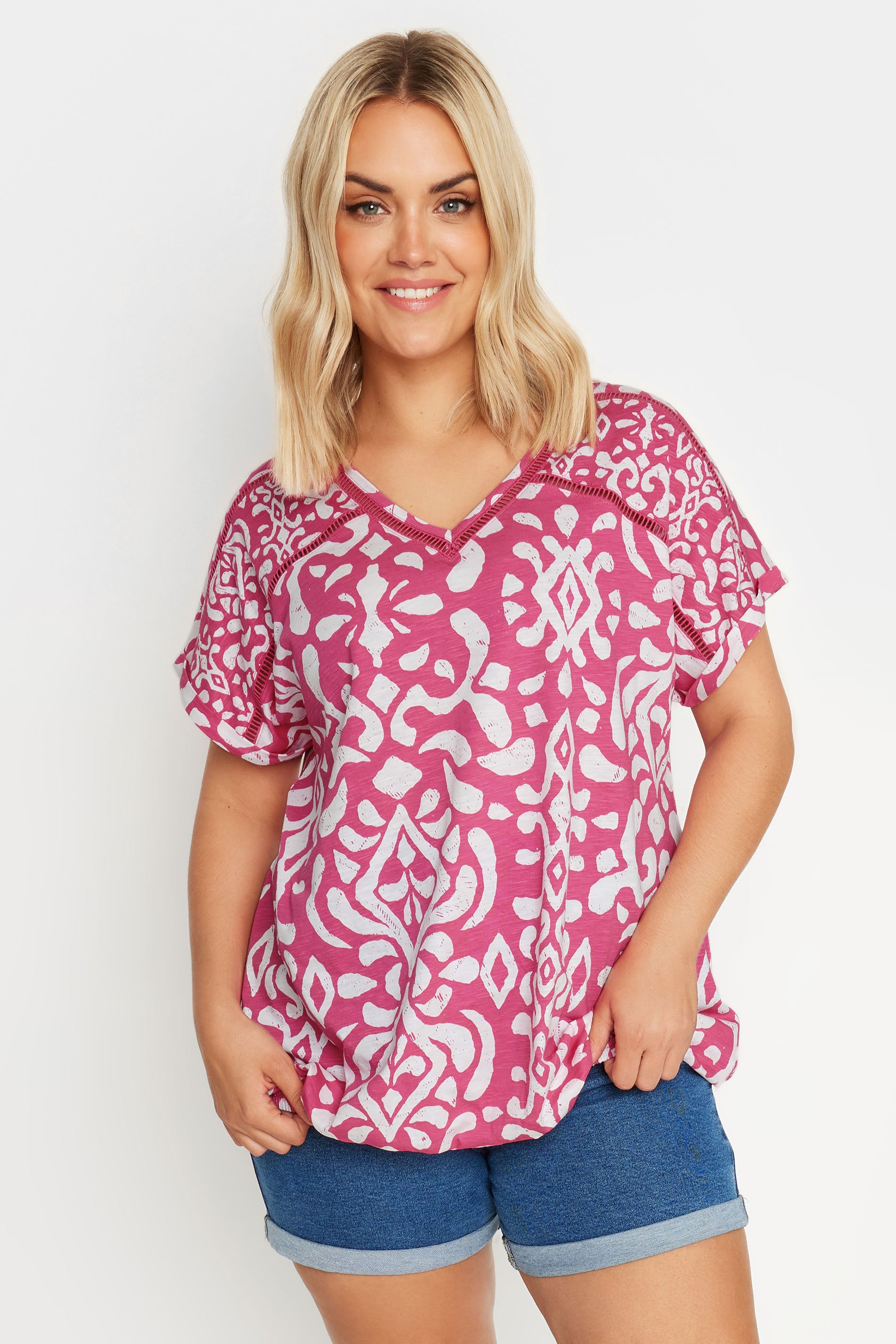 YOURS Plus Size Pink Ikat Print Bubble Hem Top | Yours Clothing