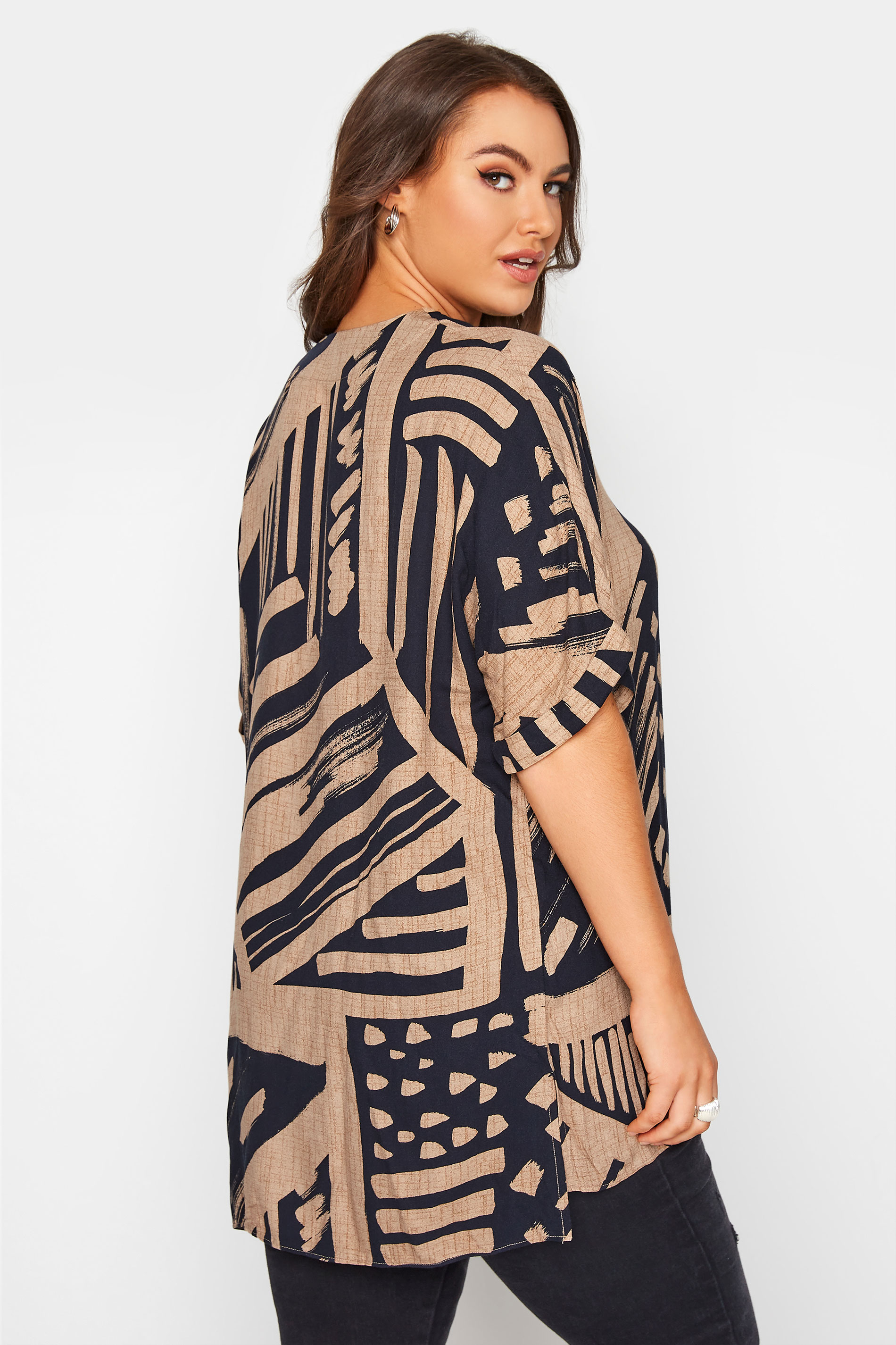 Plus Size Mocha Brown Abstract V-Neck Pleated Front Shirt | Yours Clothing 3