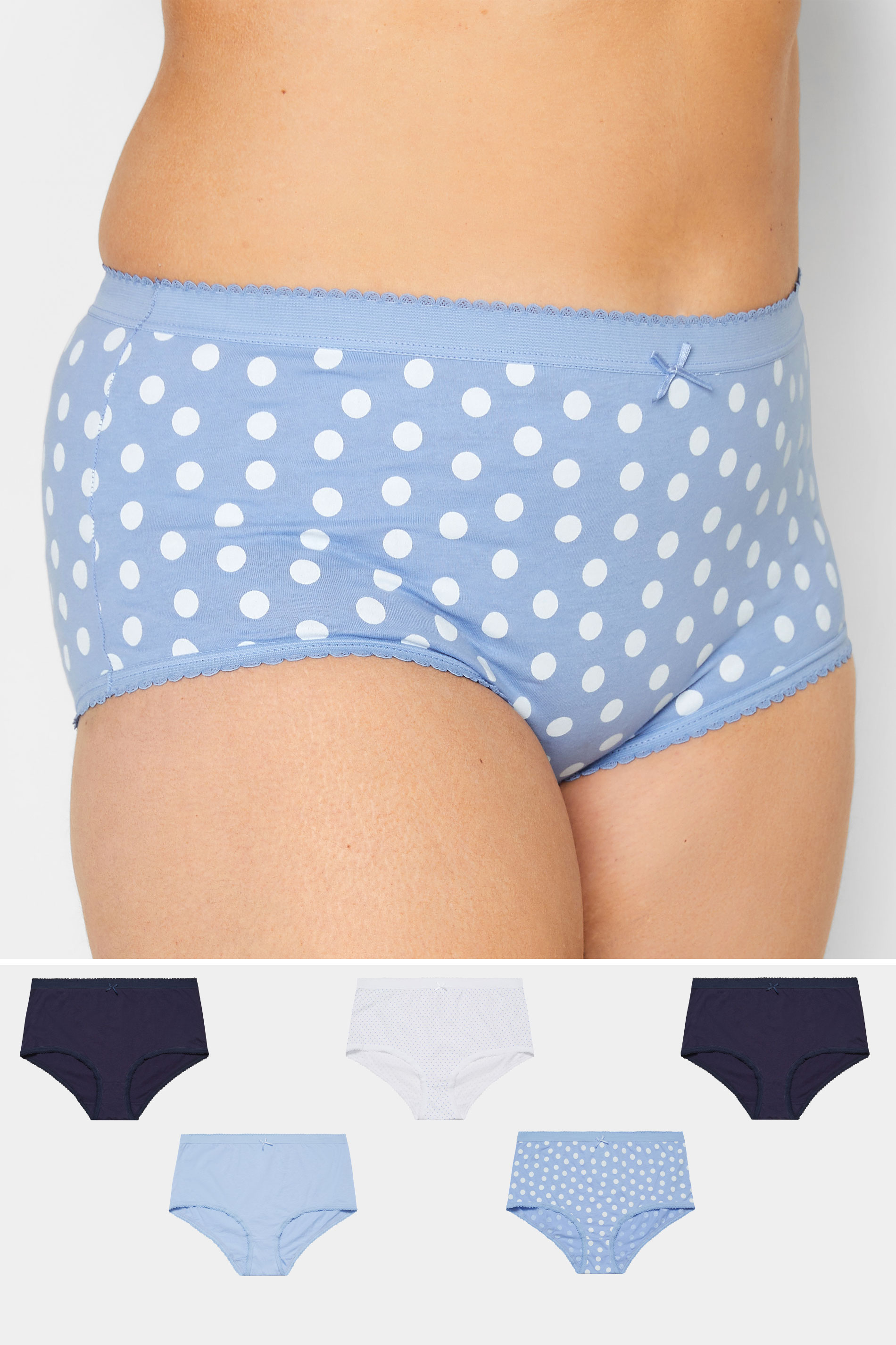 YOURS Plus Size Curve 5 PACK Light Blue Polka Dot Full Briefs | Yours Clothing  1