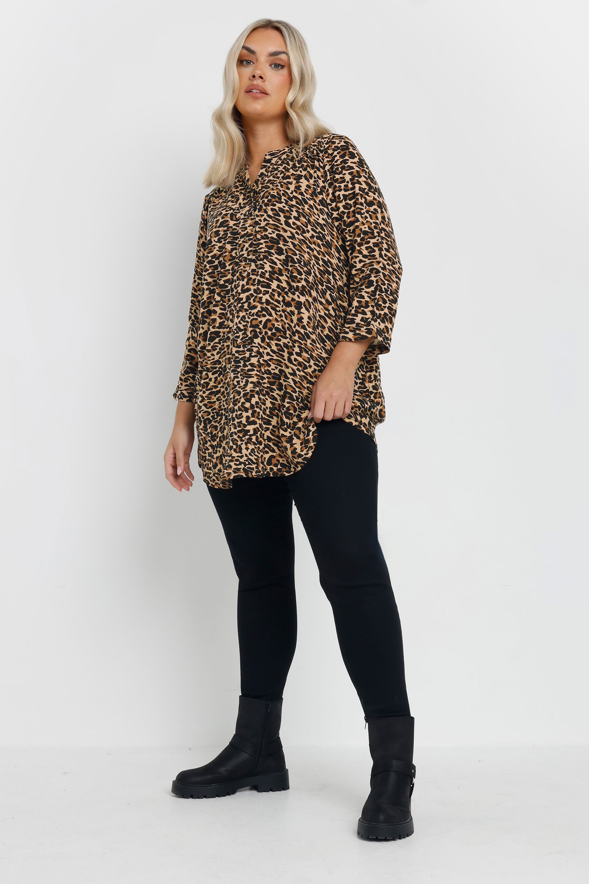 YOURS Plus Size Brown Leopard Half Placket Top | Yours Clothing 1