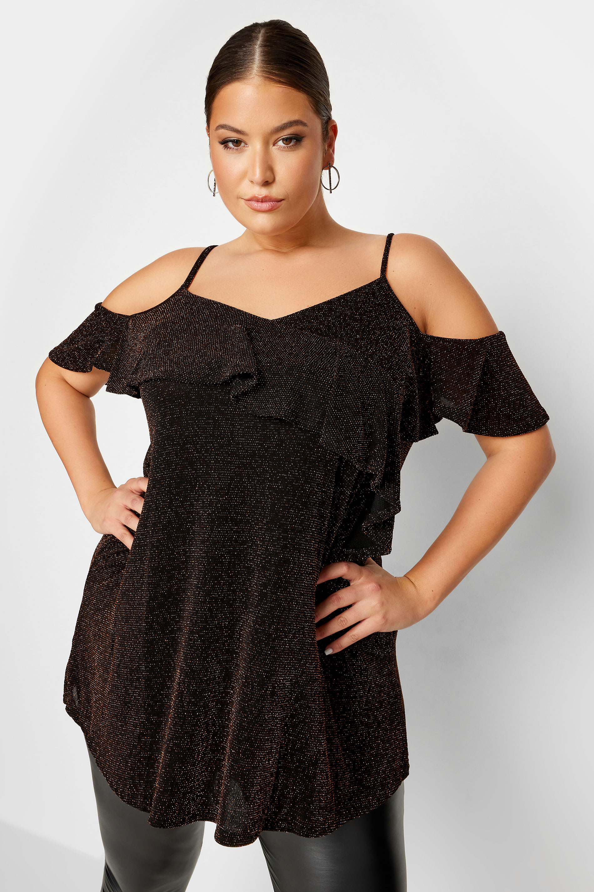Plus Size Black & Gold Glitter Frill Cold Shoulder Top | Yours Clothing 1