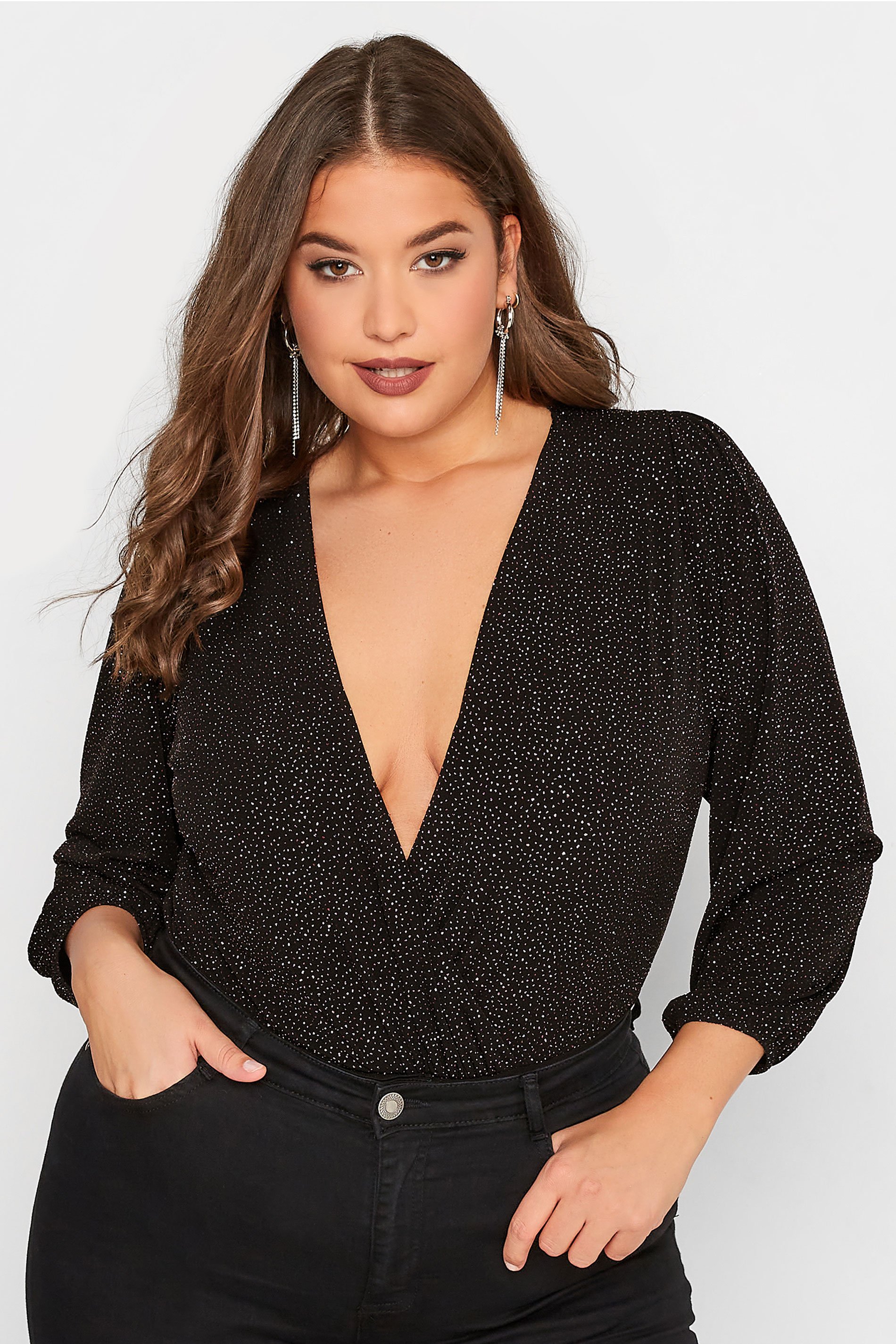 YOURS LONDON Plus Size Black & Pink Glitter Bodysuit | Yours Clothing