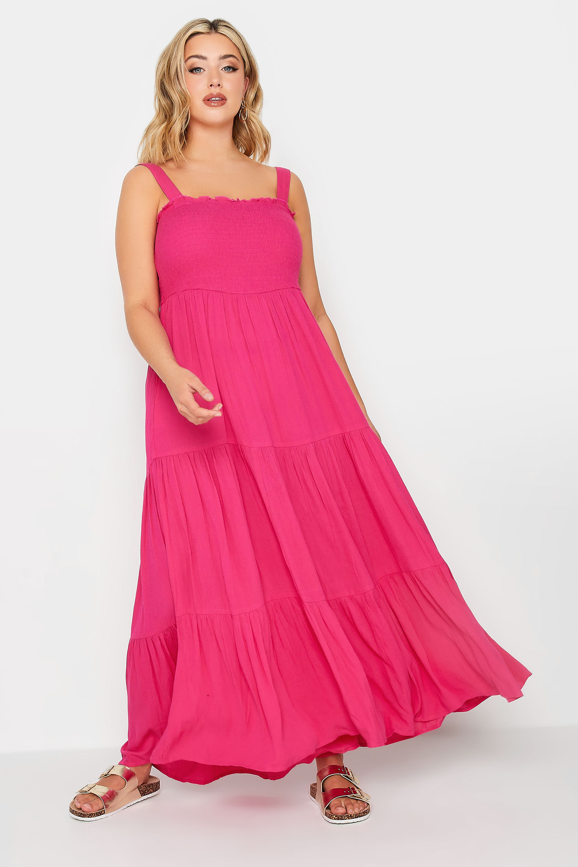 YOURS Plus Size Hot Pink Shirred Strappy Sundress | Yours Clothing  2