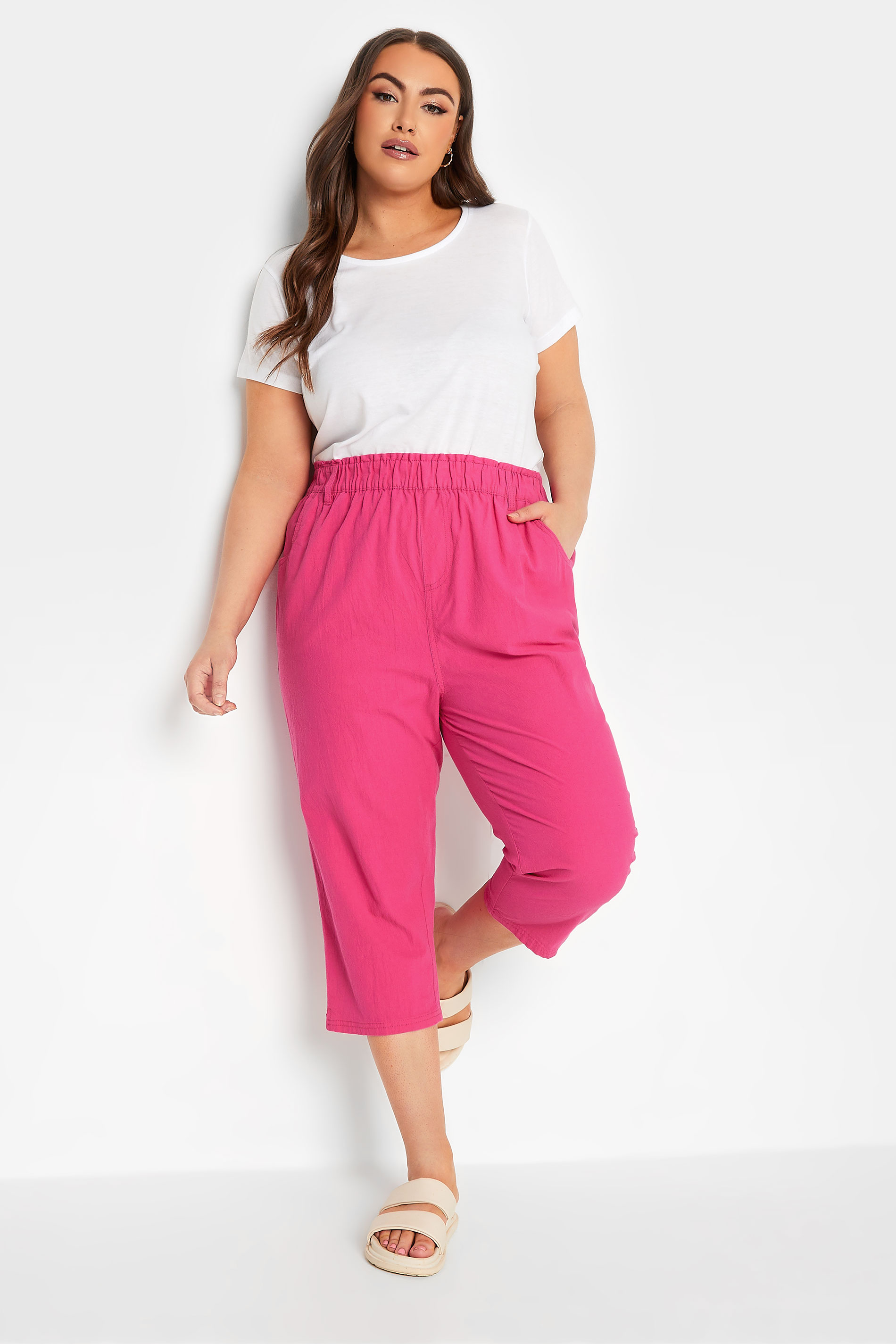YOURS Curve Plus Size Hot Pink Cotton Cropped Trousers | Yours Clothing  2
