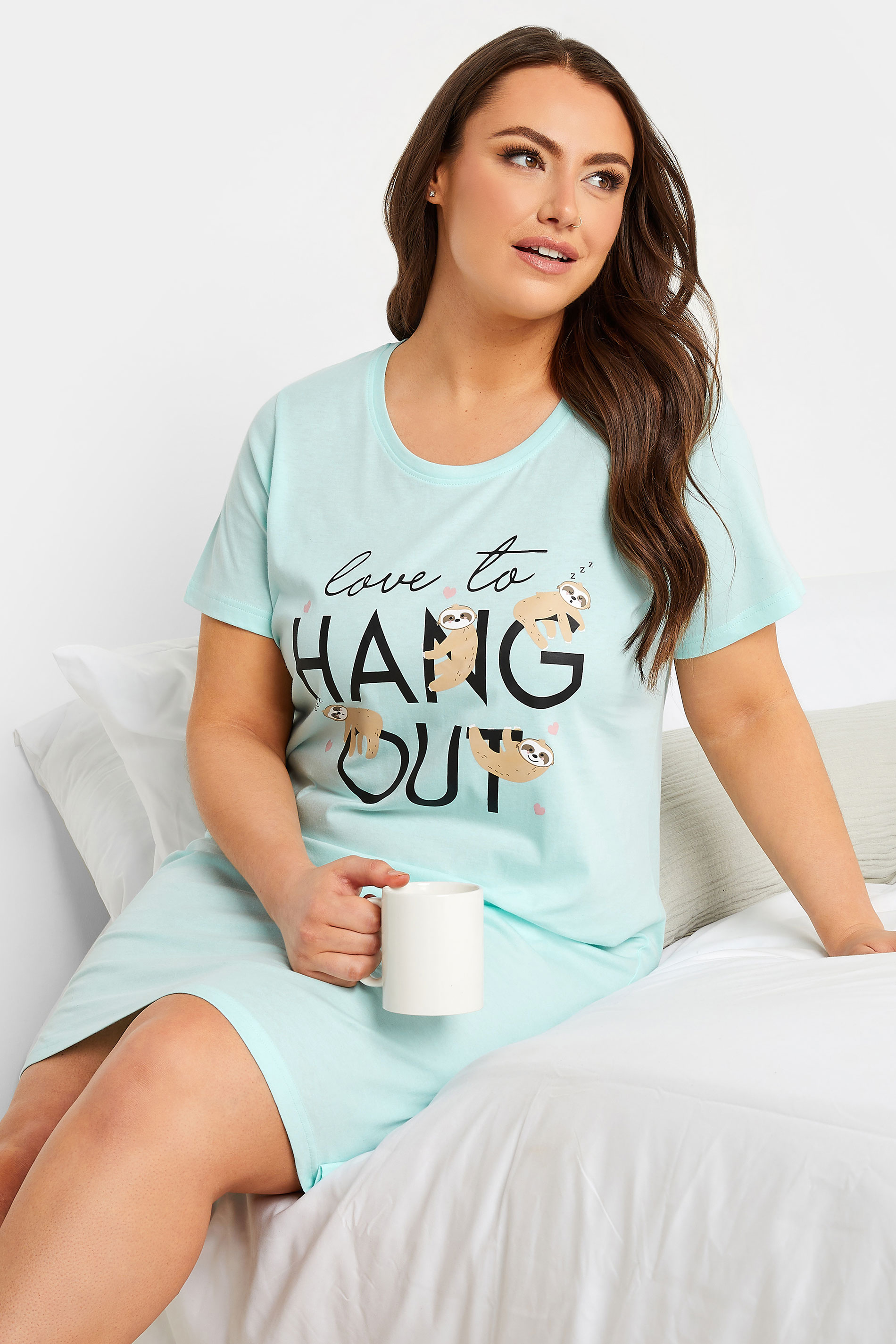 YOURS Curve Plus Size Light Blue 'Love To Hang Out' Slogan Sloth Print Nightdress | Yours Clothing  2