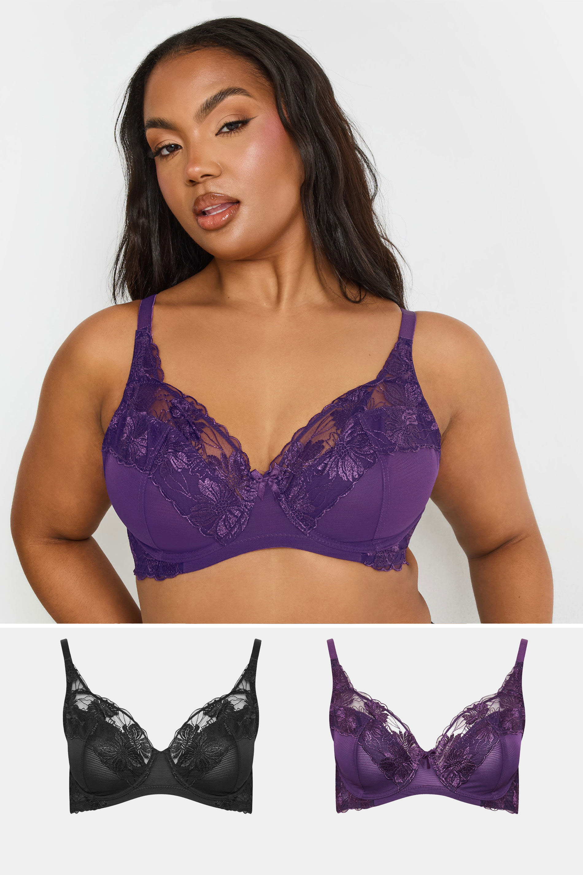 M&Co 2 PACK Purple & Black Floral Lace Trim Bra | M&Co 3
