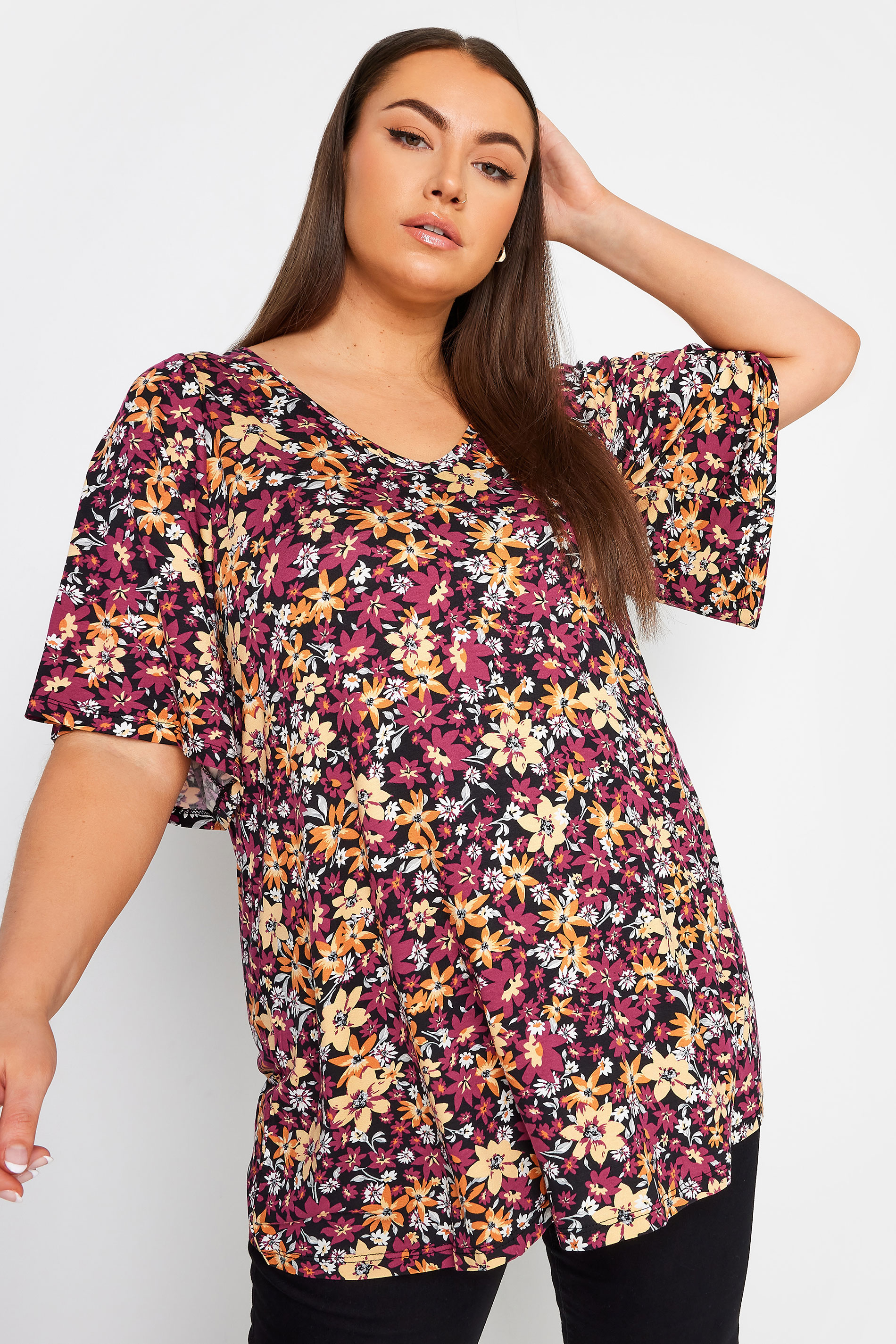 YOURS Plus Size Red & Pink Floral Print Angel Sleeve Top | Yours Clothing 1