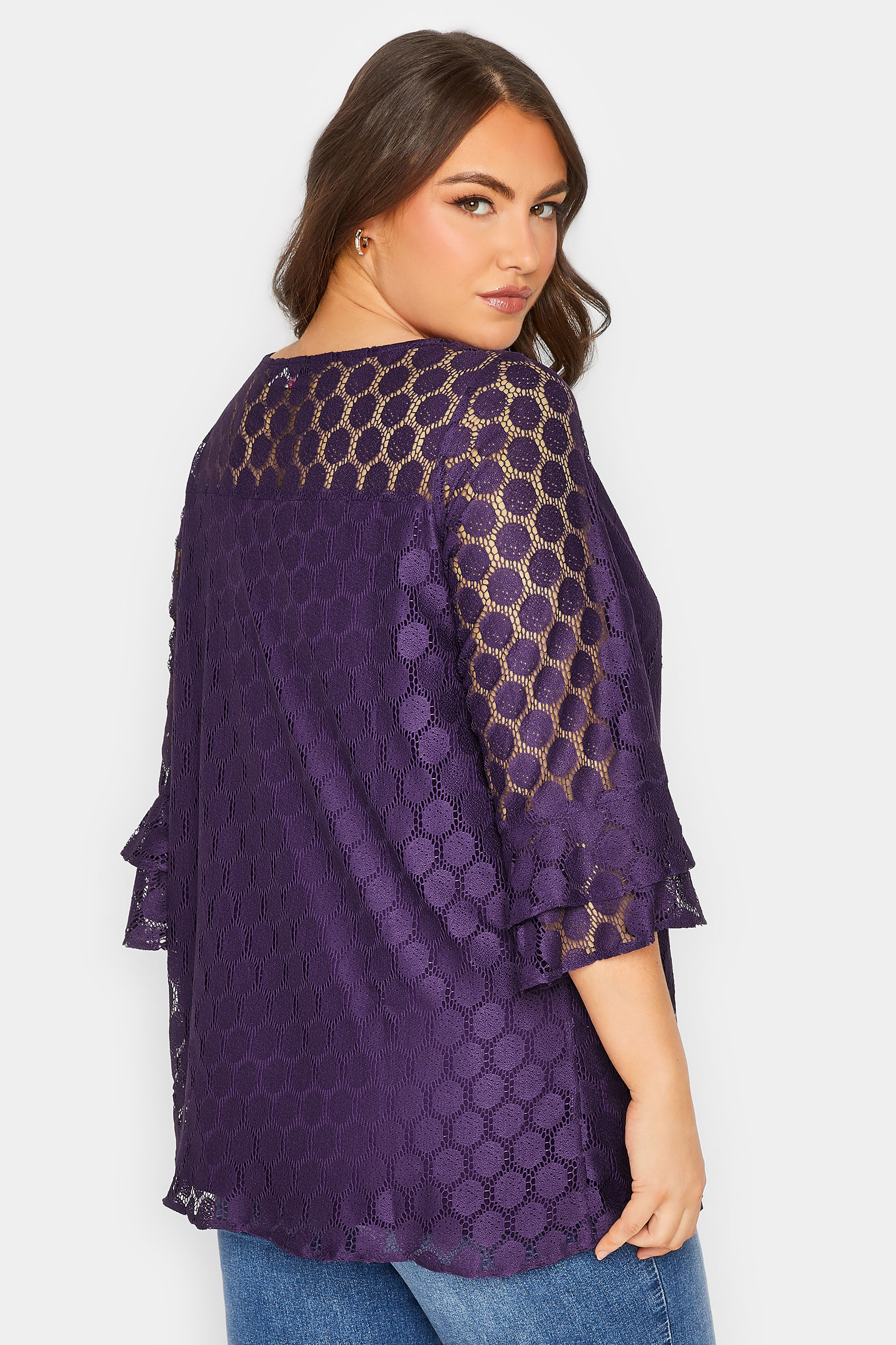 YOURS Plus Size Purple Lace Bell Sleeve Blouse | Yours Clothing 3