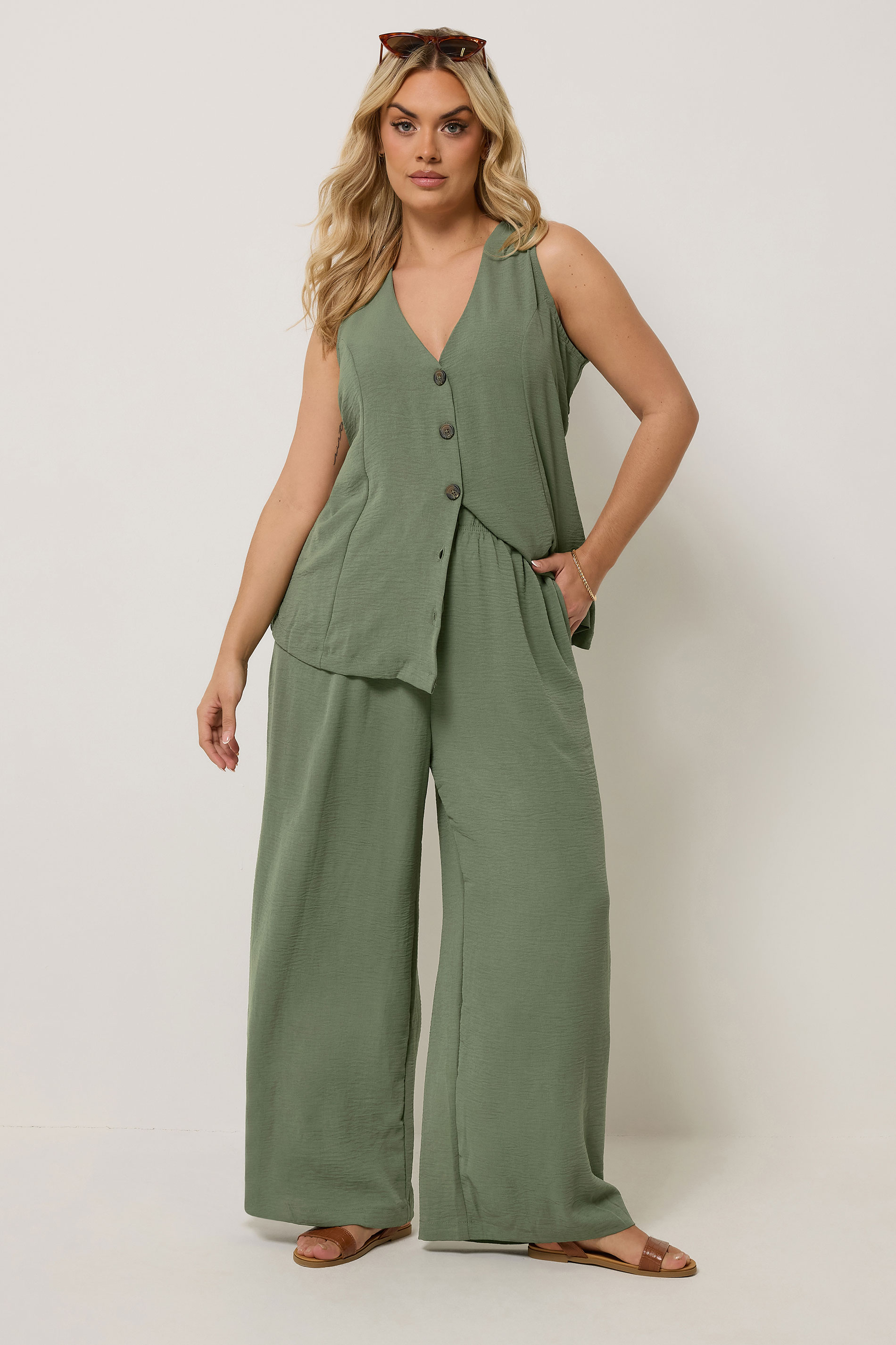 YOURS Plus Size Khaki Green Twill Wide Leg Trousers | Yours Clothing 1