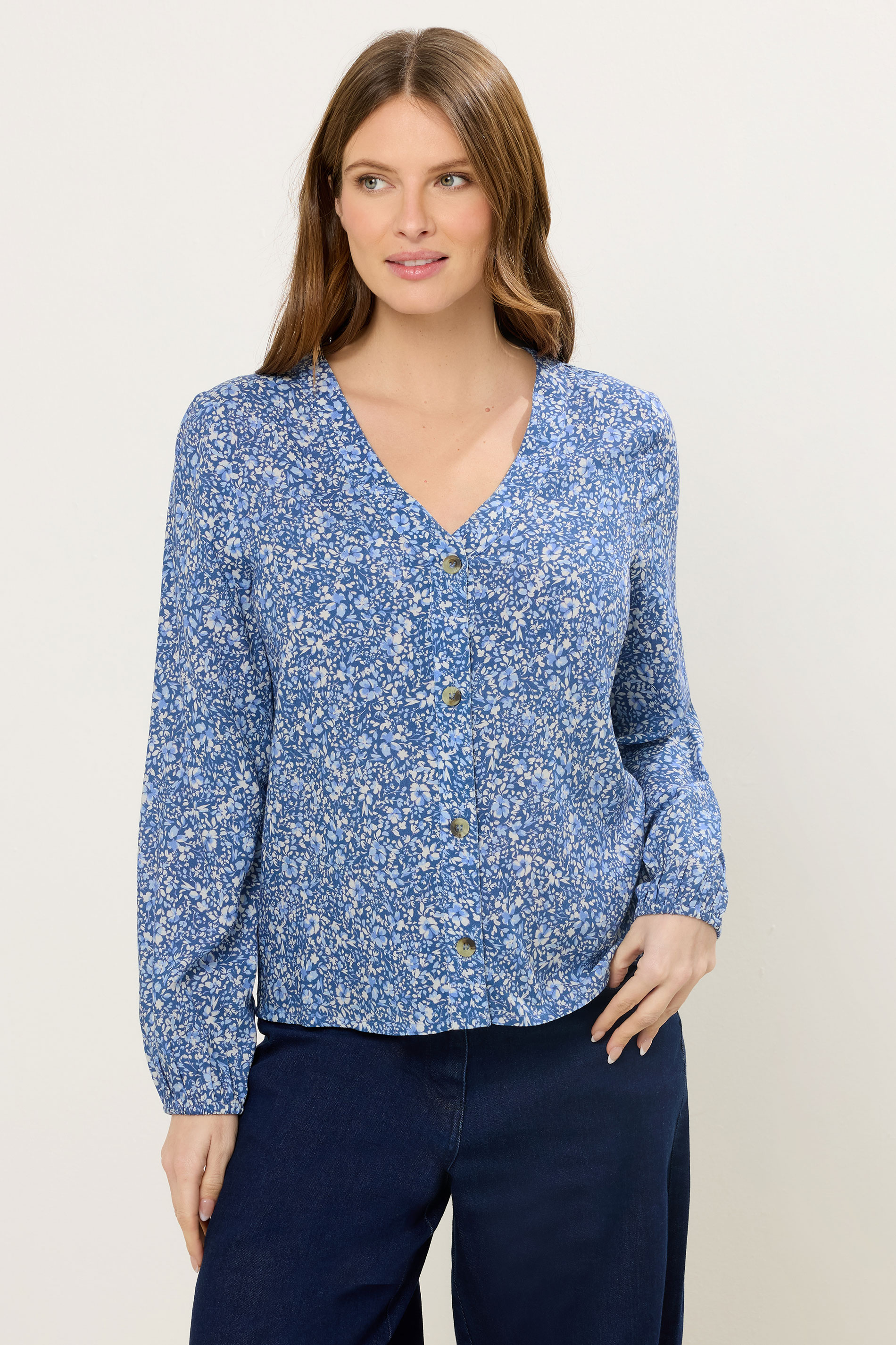 M&Co Blue Ditsy Floral Button Front Long Sleeve Blouse | M&Co 1