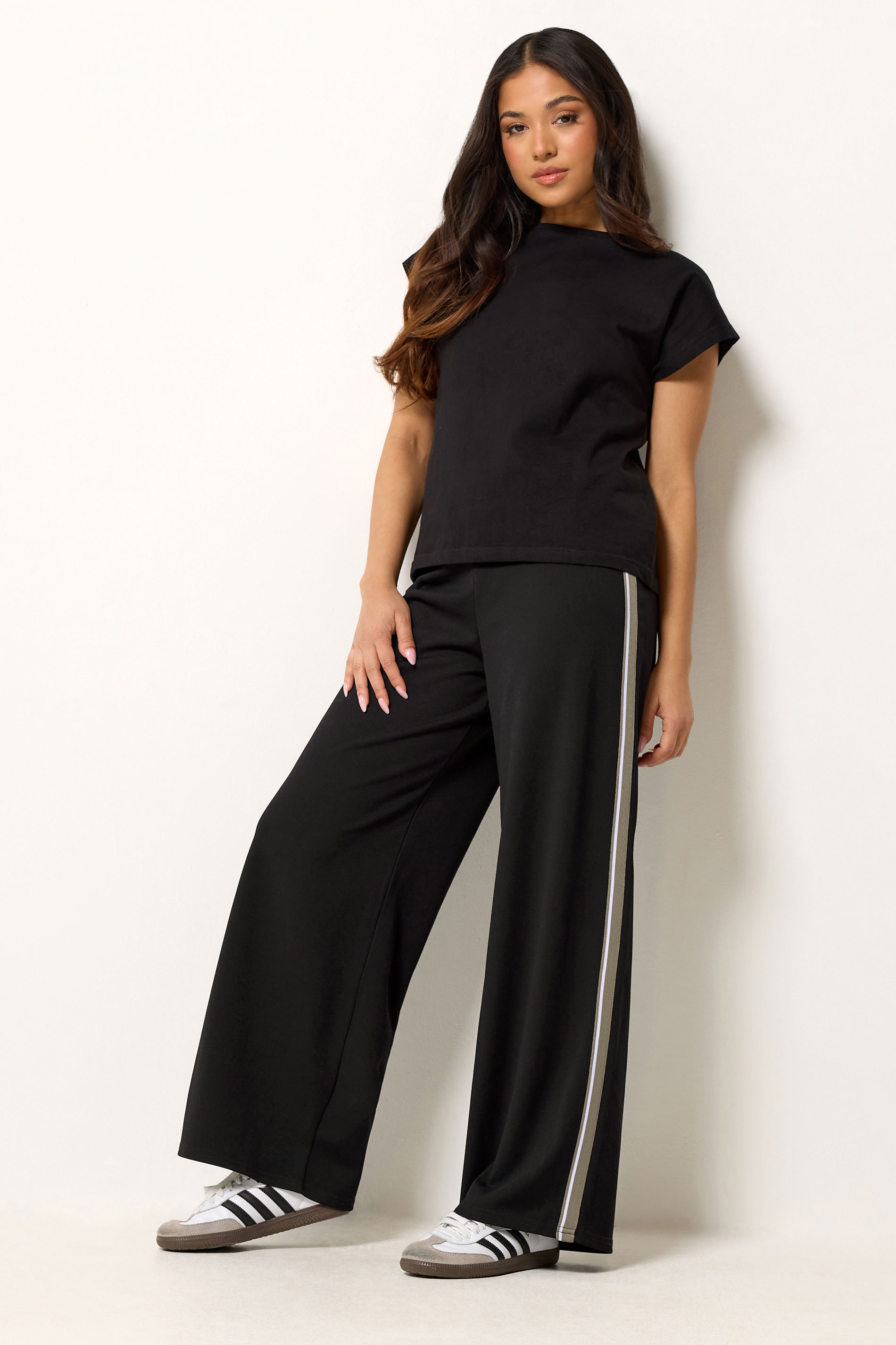 PixieGirl Petite Women's Black Side Stripe Detail Wide Leg Trousers | PixieGirl 3