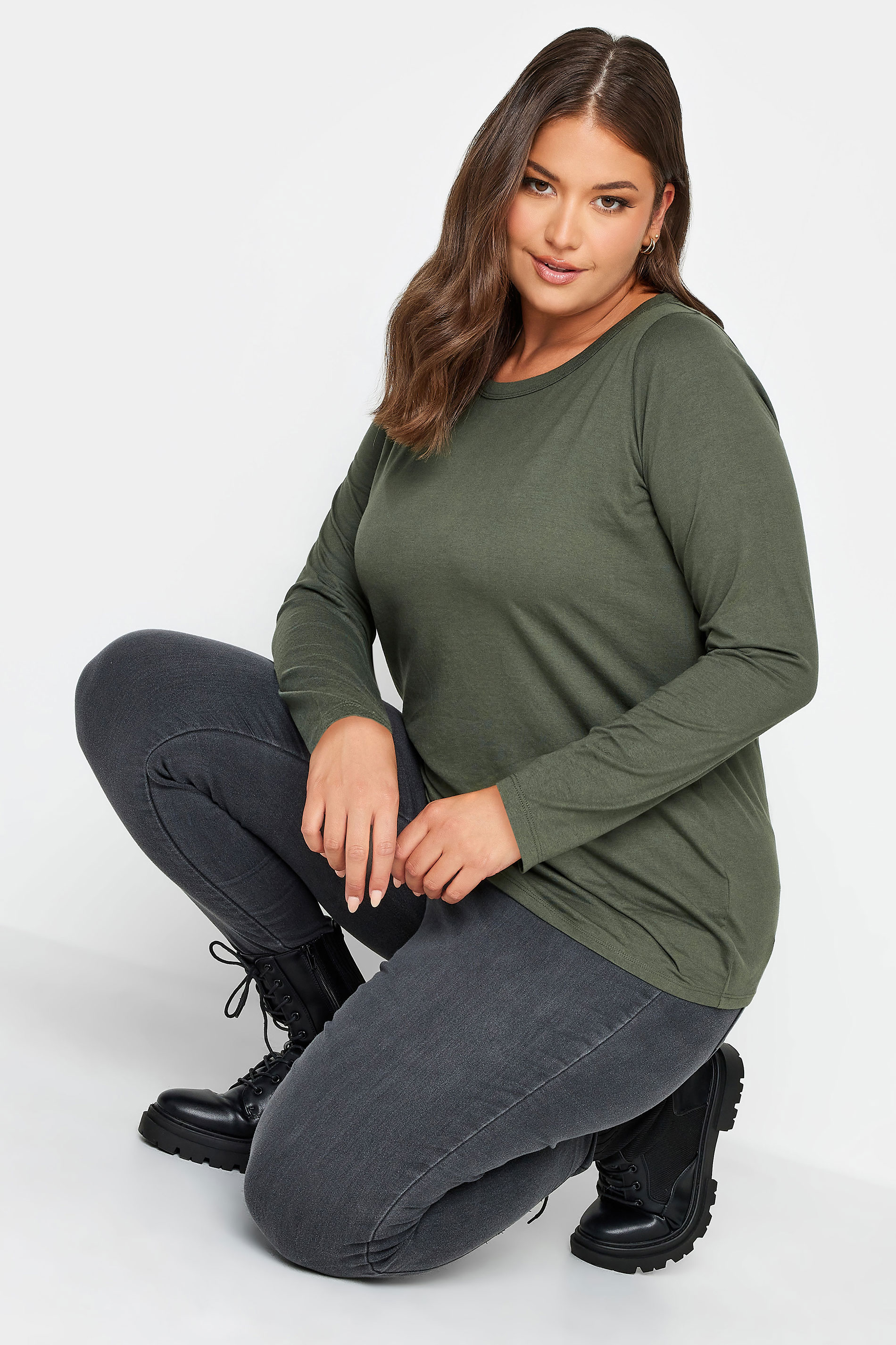 YOURS Curve Plus Size Khaki Green Long Sleeve Essential T-Shirt | Yours Clothing  2