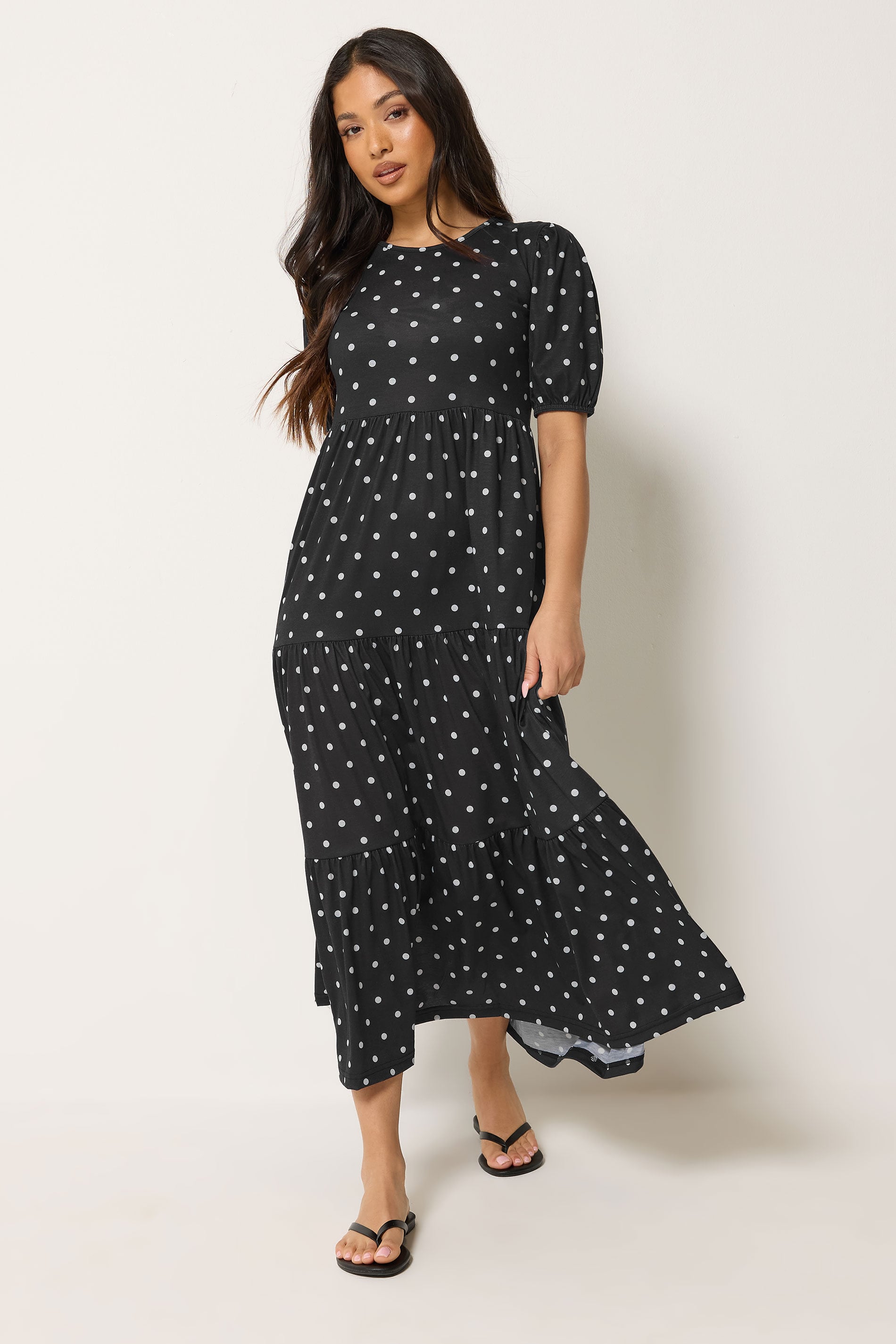 PixieGirl Petite Women's Black Polka Dot Tiered Maxi Dress | PixieGirl 4