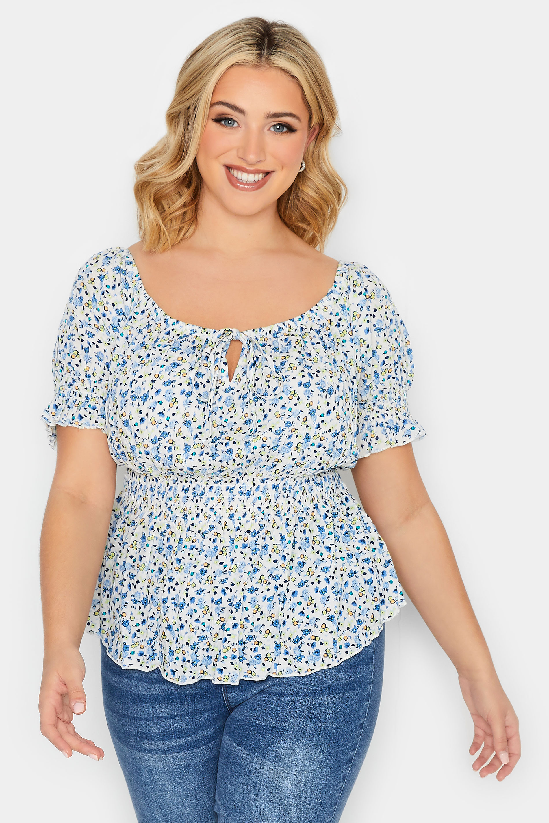 YOURS PETITE Plus Size Curve White & Blue Floral Bardot Top | Yours Clothing  1