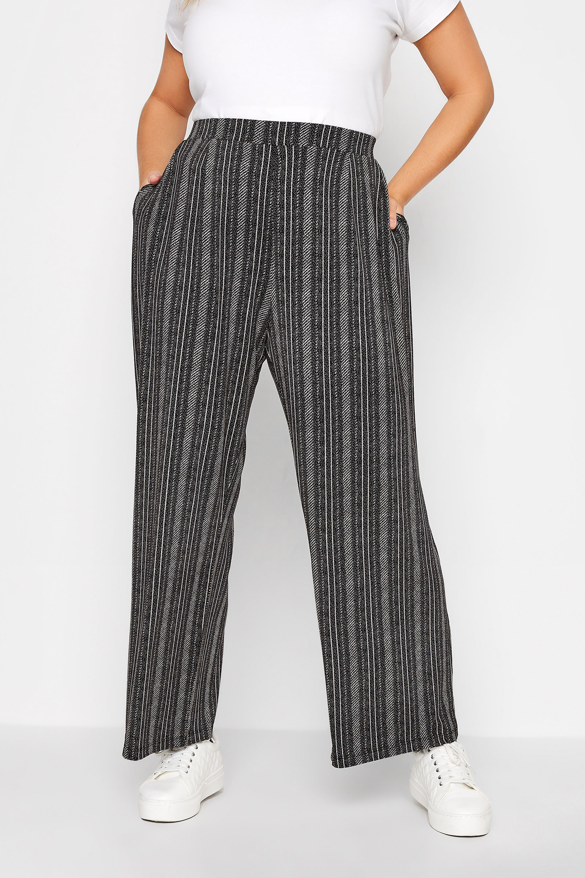Plus Size Black Stripe Print Wide Leg Stretch Trousers | Yours Clothing 1