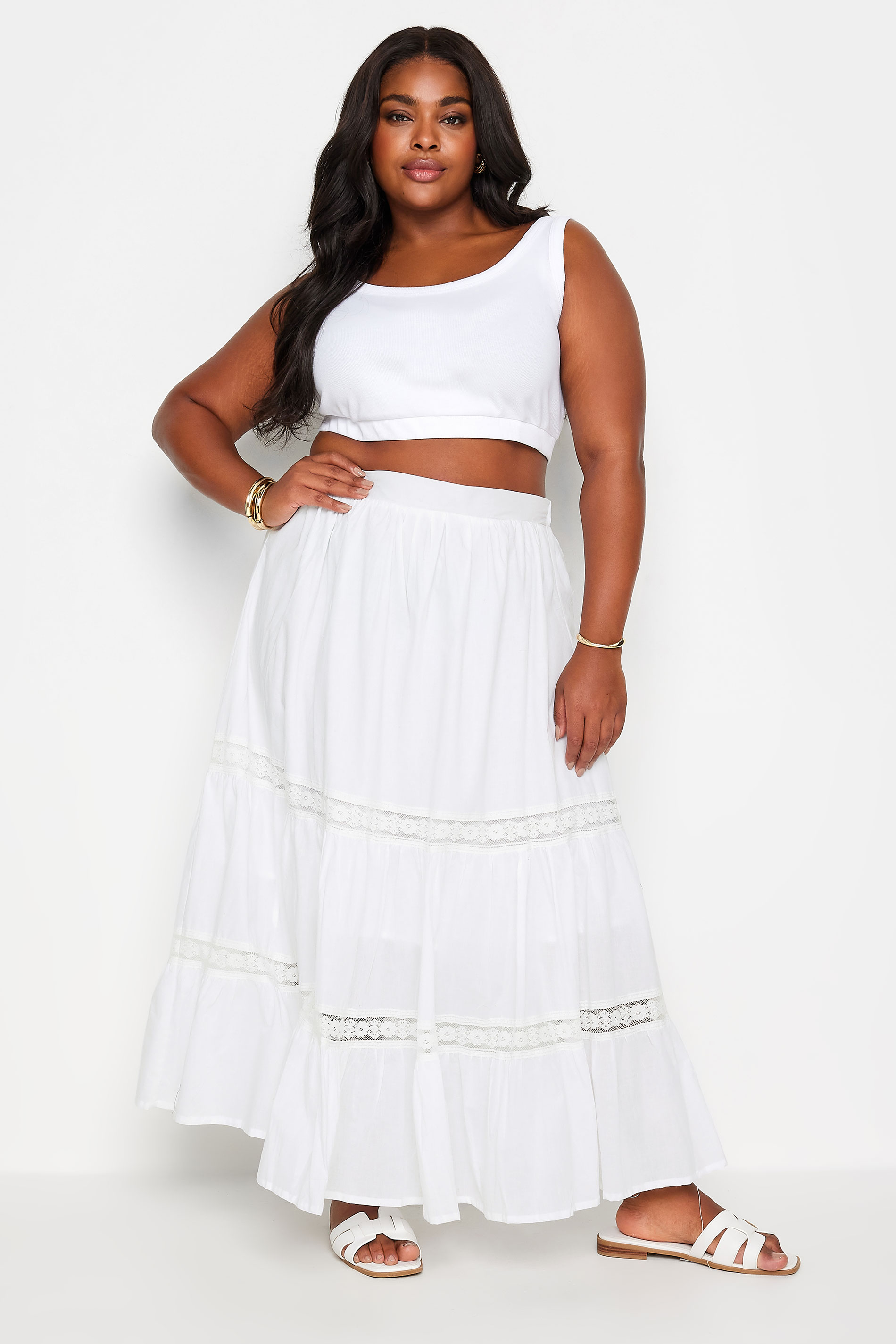 YOURS Plus Size White Tiered Lace Cotton Maxi Skirt | Yours Clothing 2