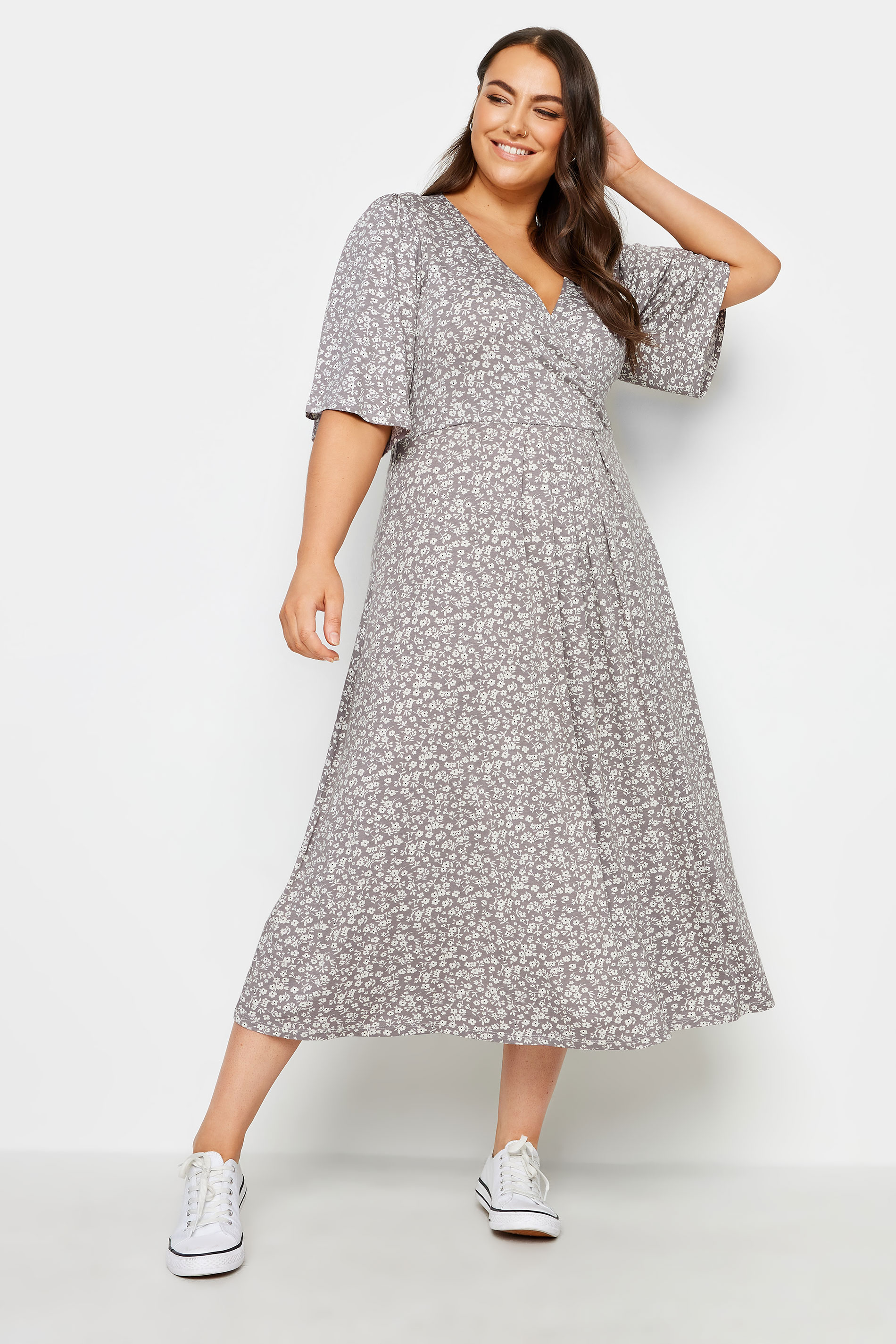 YOURS Plus Size Light Grey Ditsy Floral Print Midi Wrap Dress | Yours Clothing 2