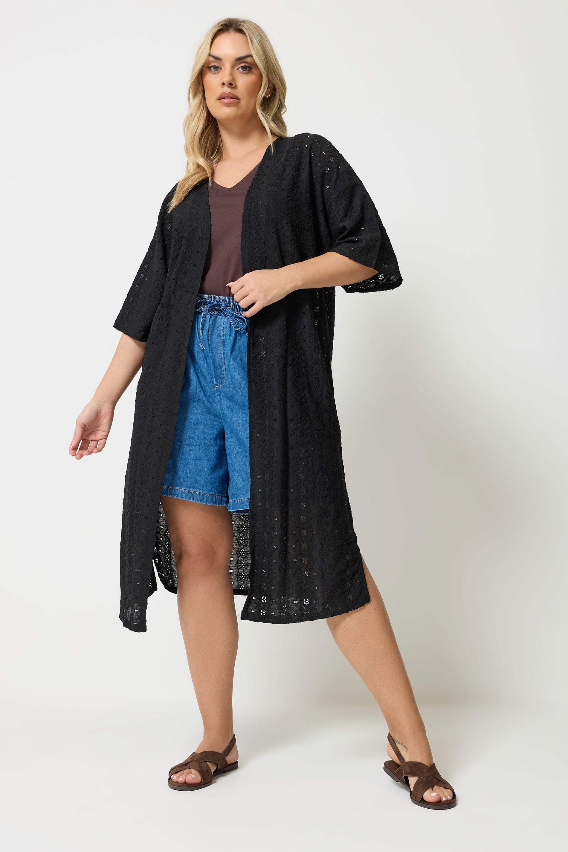 YOURS Plus Size Black Broderie Anglaise Kimono | Yours Clothing 1